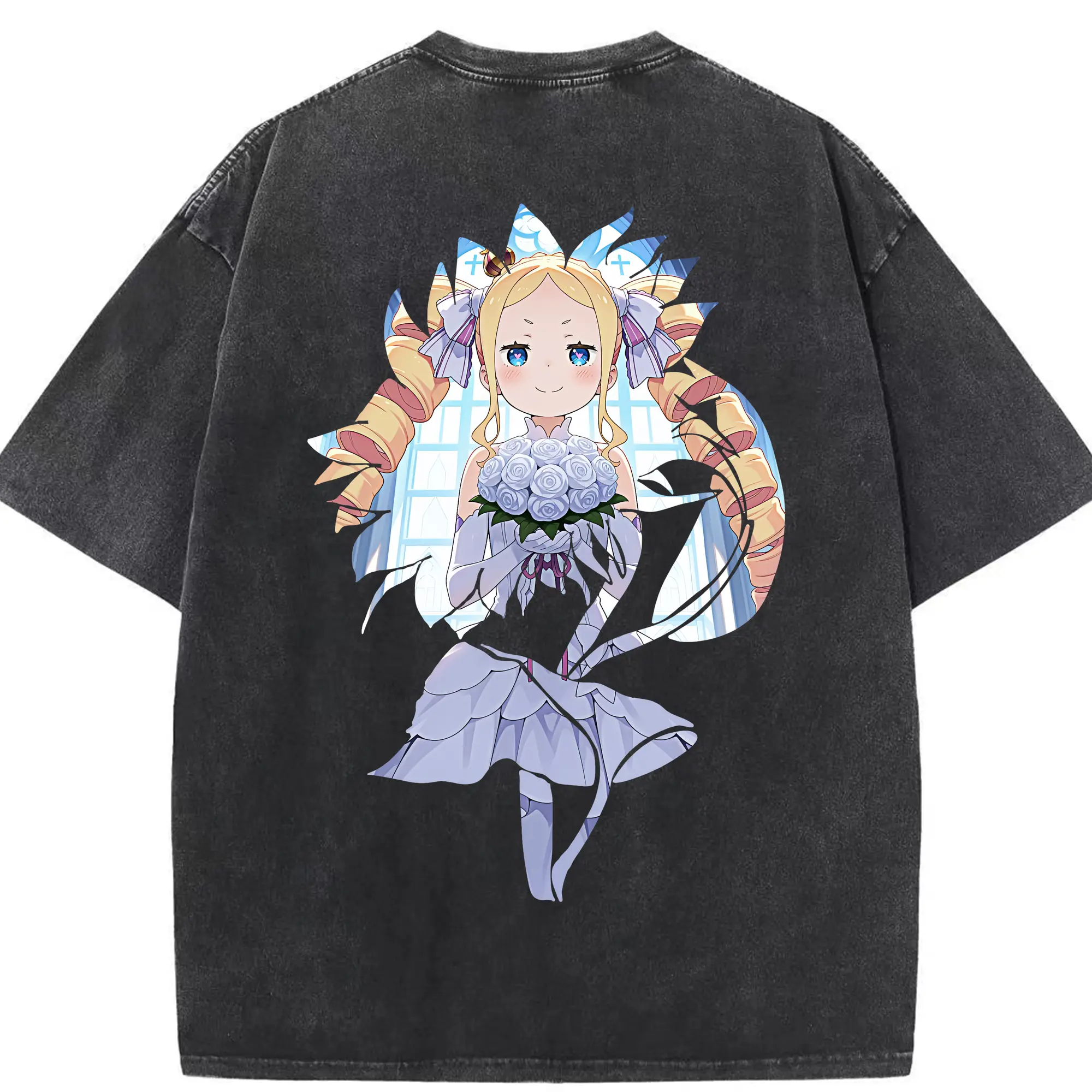 リゼロ グッズ ベアトリス - 綿100％ ヴィンテージ風 半袖Tシャツ ・ 背面プリント ・ 柔らか肌触り ・ 通気性 快適 ・ スポーツ カジュアル 外出用