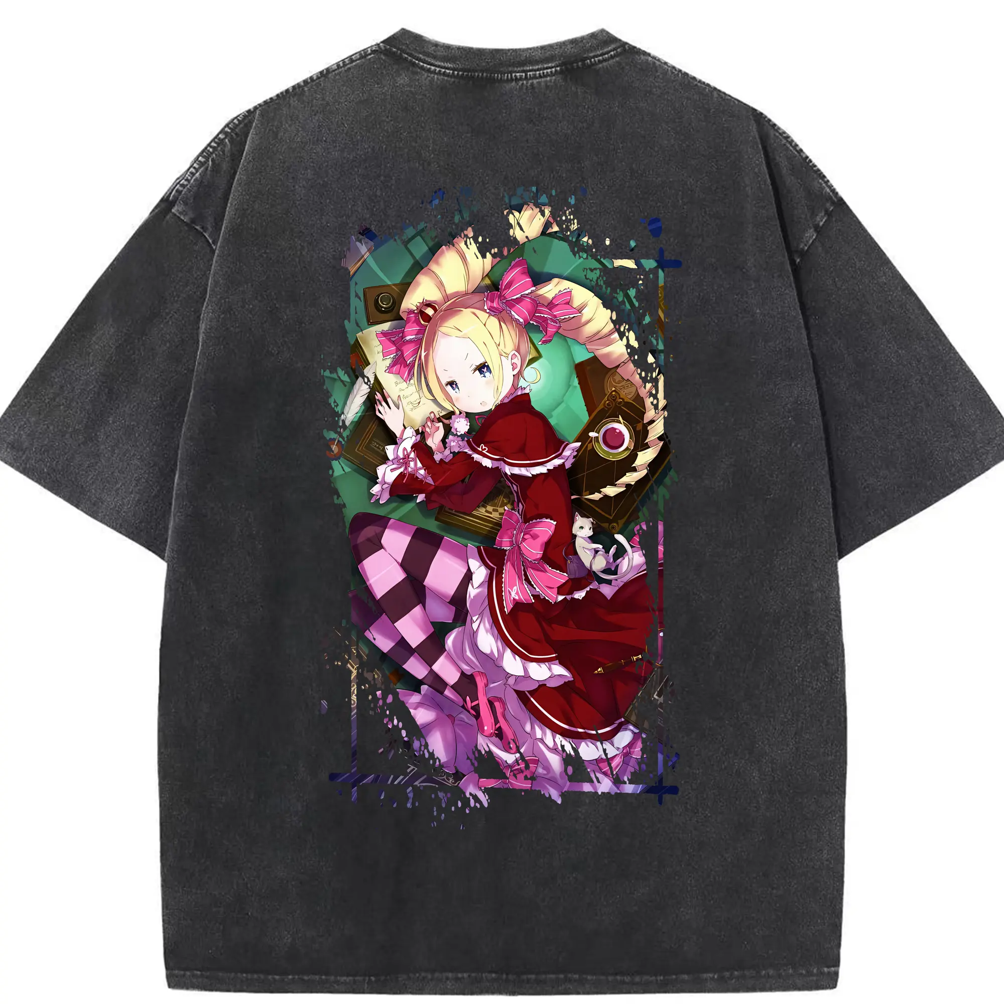 リゼロ グッズ ベアトリス - 綿100％ ヴィンテージ風 半袖Tシャツ ・ 背面プリント ・ 柔らか肌触り ・ 通気性 快適 ・ スポーツ カジュアル 外出用