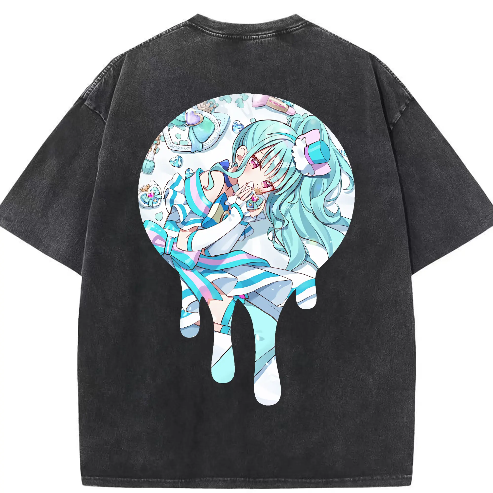 わんだふるぷりきゅあ グッズ 猫屋敷まゆ - 綿100％ ヴィンテージ風 半袖Tシャツ ・ 背面プリント ・ 柔らか肌触り ・ 通気性 快適 ・ スポーツ カジュアル 外出用