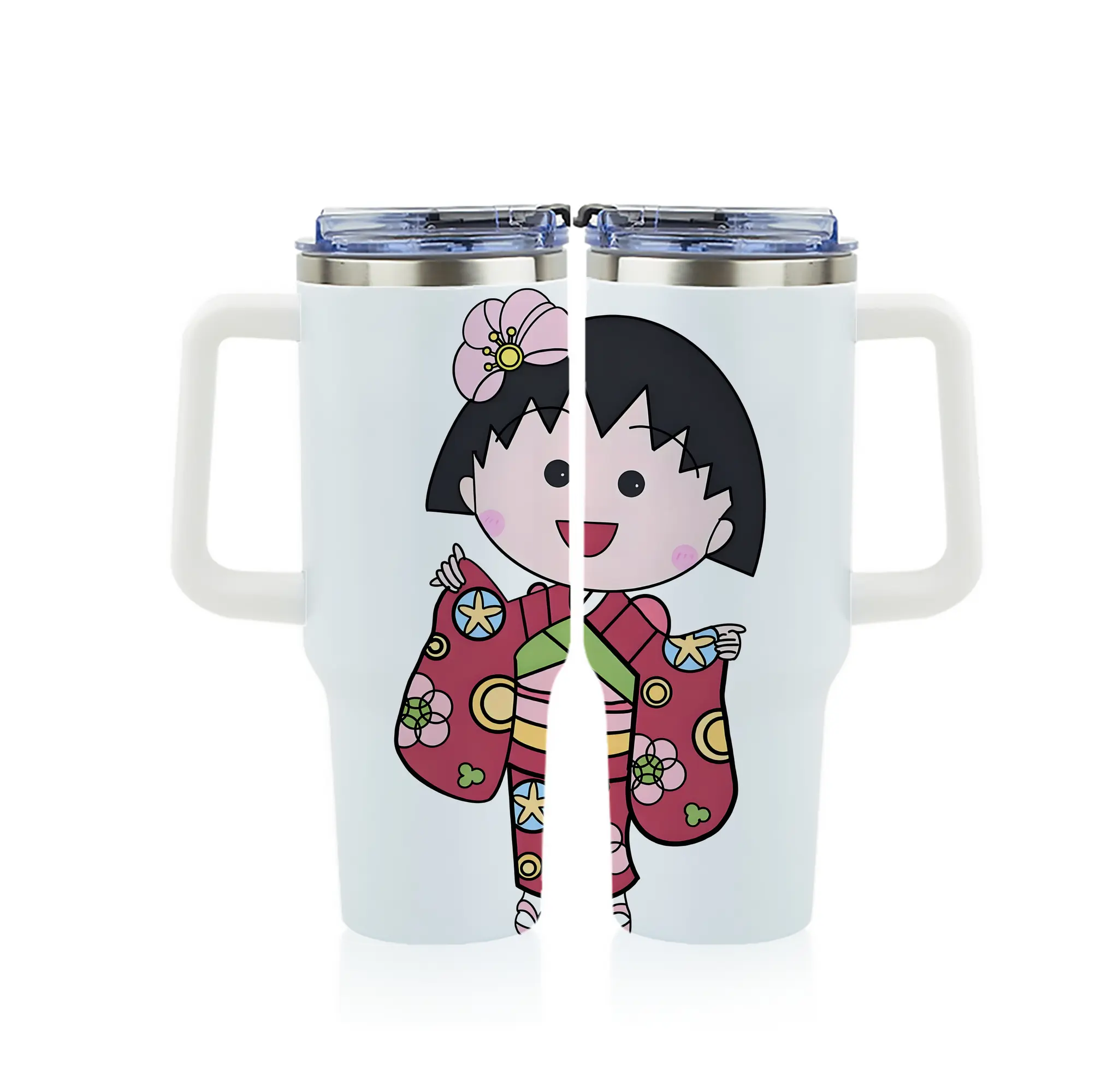 ちびまる子ちゃん グッズ さくら ももこ - 1200mL フルプリント車用タンブラー ・ 304ステンレス 内側 ・ 201ステンレス 外側 ・ 保温 保冷 ・ 通勤 ドライブ アウトドア用