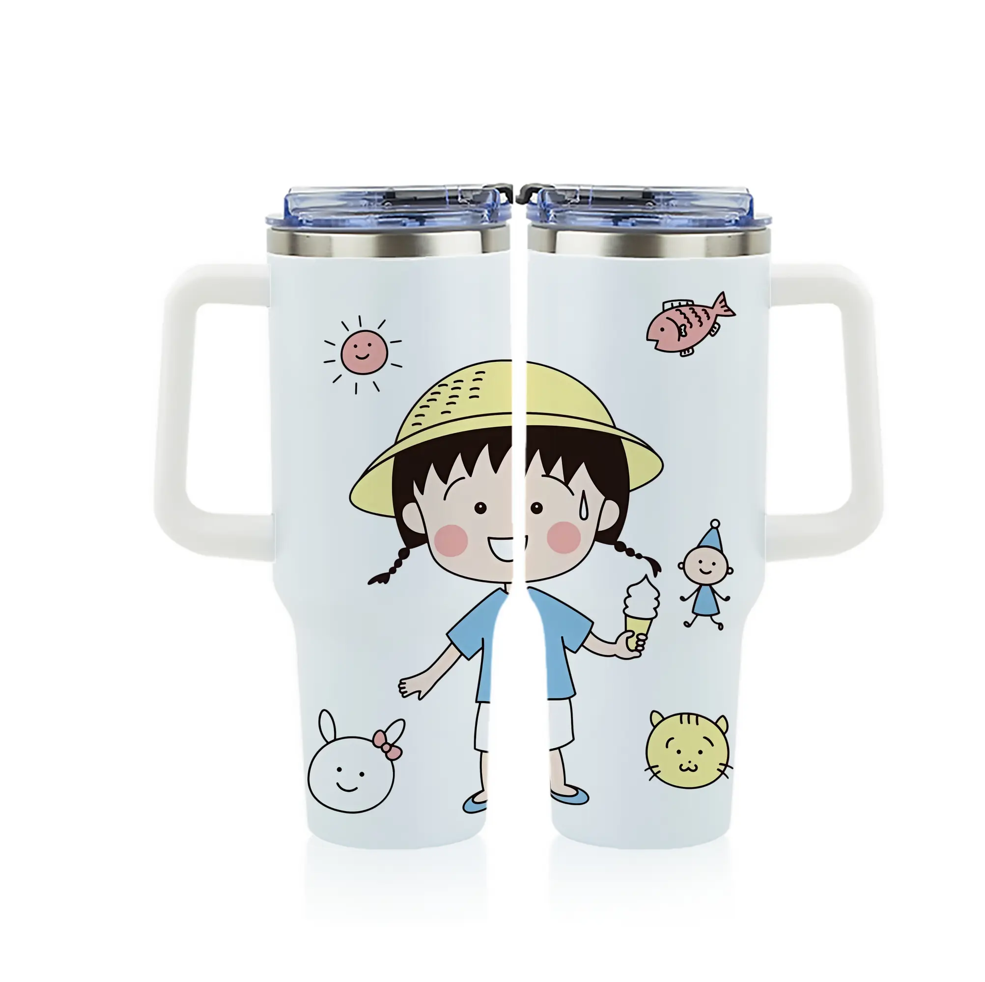 ちびまる子ちゃん グッズ さくら ももこ - 1200mL フルプリント車用タンブラー ・ 304ステンレス 内側 ・ 201ステンレス 外側 ・ 保温 保冷 ・ 通勤 ドライブ アウトドア用