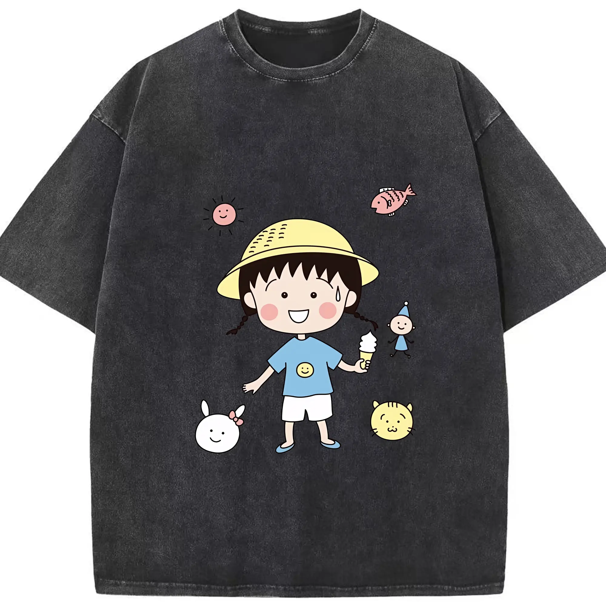 ちびまる子ちゃん グッズ さくら ももこ - 綿100％ ヴィンテージ風 半袖Tシャツ ・ フロントプリント ・ 柔らか肌触り ・ 通気性 快適 ・ スポーツ カジュアル 外出用