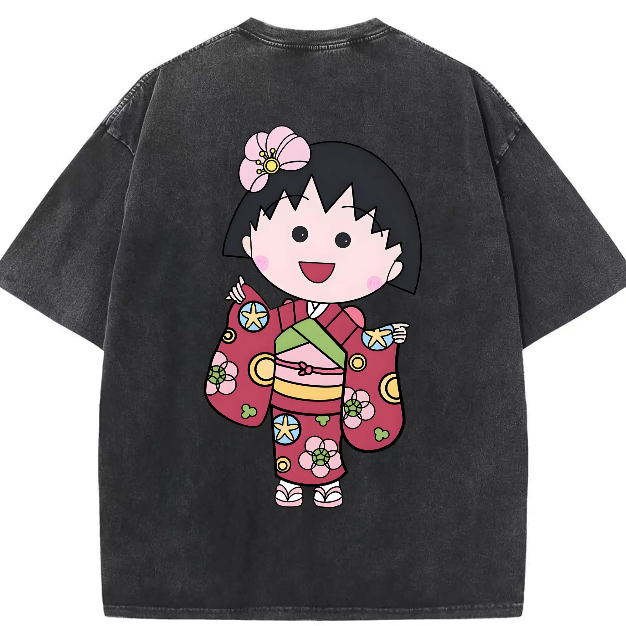 ちびまる子ちゃん グッズ さくら ももこ - 綿100％ ヴィンテージ風 半袖Tシャツ ・ 背面プリント ・ 柔らか肌触り ・ 通気性 快適 ・ スポーツ カジュアル 外出用