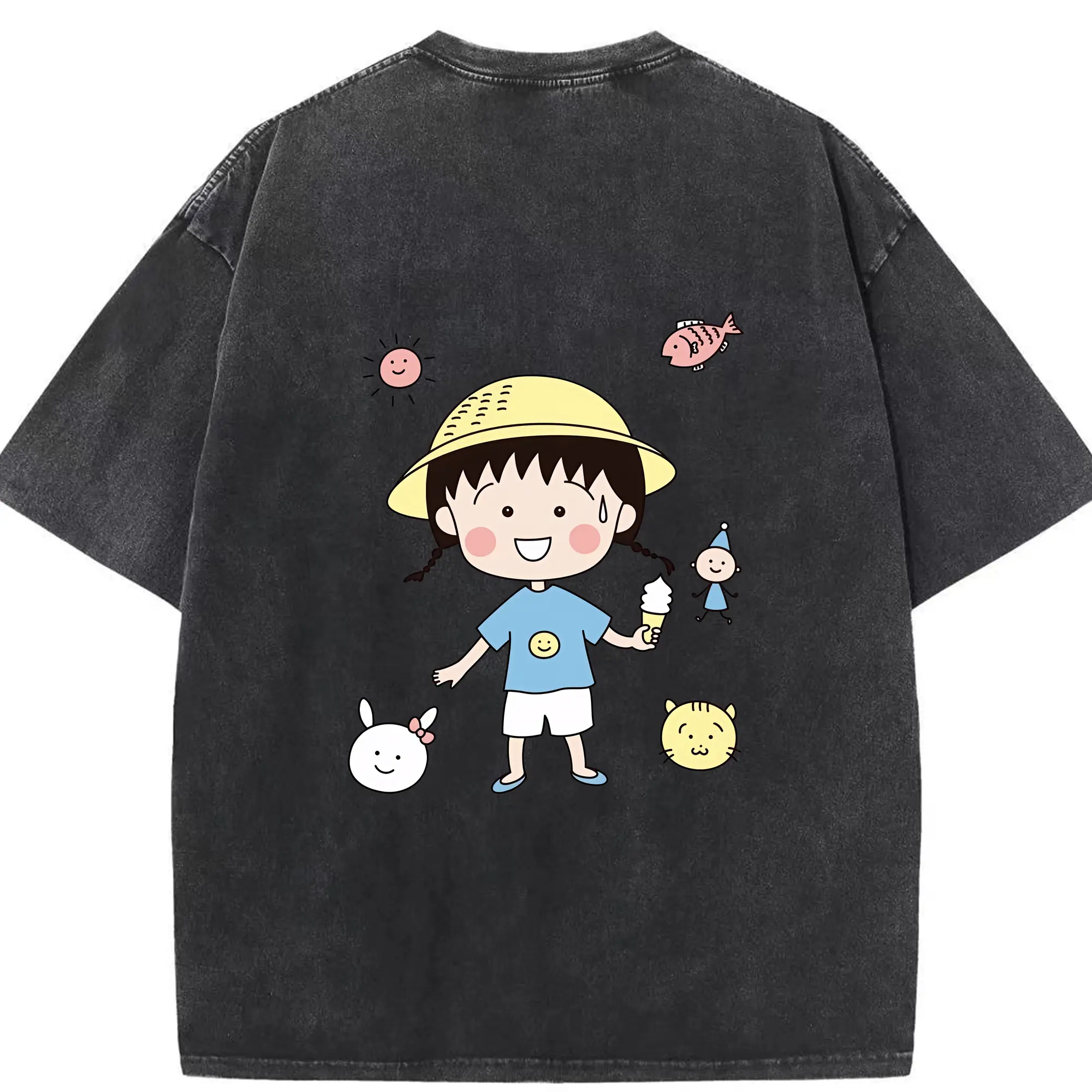ちびまる子ちゃん グッズ さくら ももこ - 綿100％ ヴィンテージ風 半袖Tシャツ ・ 背面プリント ・ 柔らか肌触り ・ 通気性 快適 ・ スポーツ カジュアル 外出用