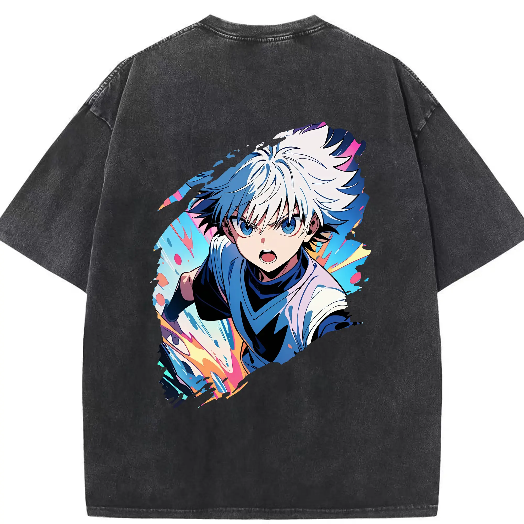 ハンター×ハンター グッズ キルア＝ゾルディック - 綿100％ ヴィンテージ風 半袖Tシャツ ・ 背面プリント ・ 柔らか肌触り ・ 通気性 快適 ・ スポーツ カジュアル 外出用