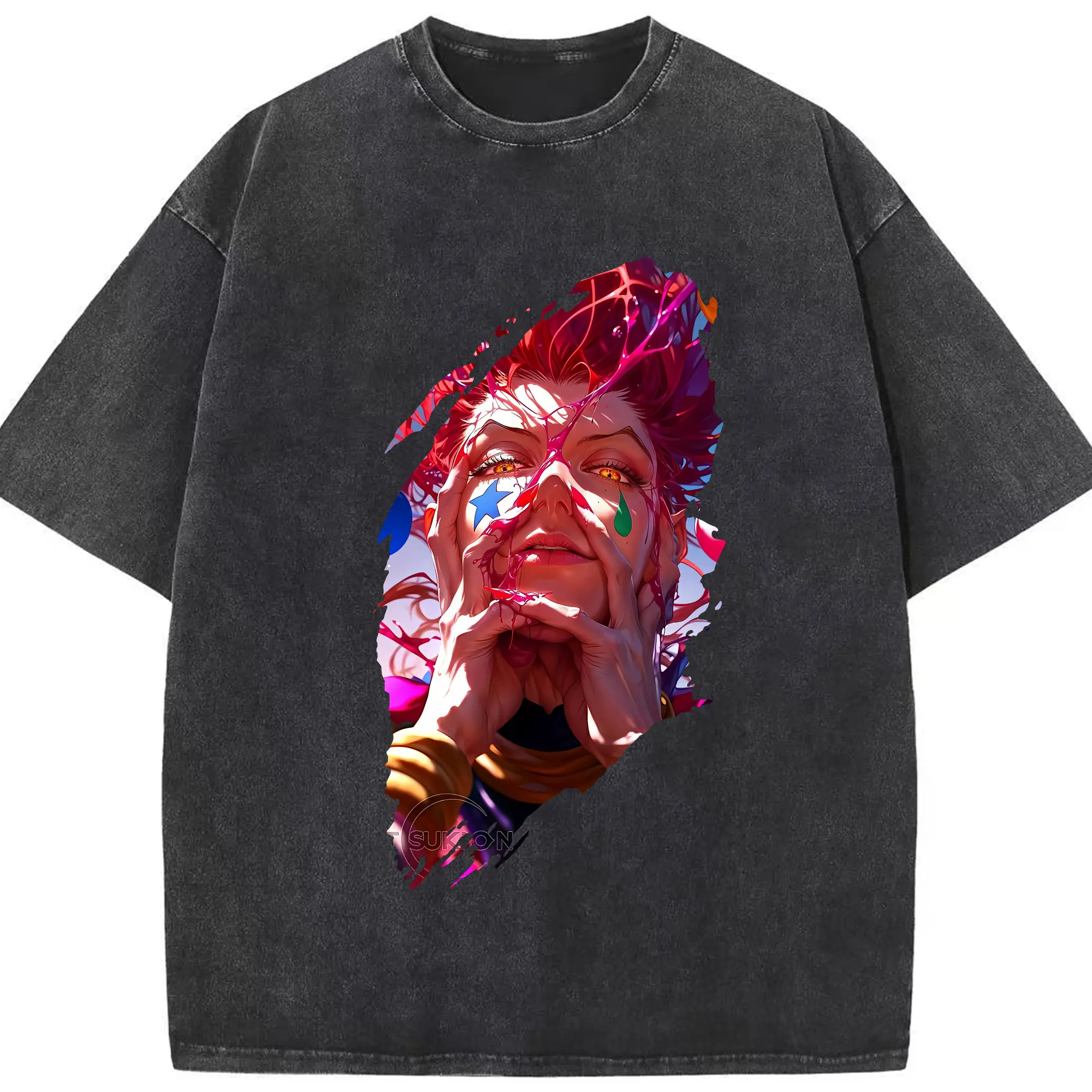 ハンター×ハンター グッズ ヒソカ＝モロウ - 綿100％ ヴィンテージ風 半袖Tシャツ ・ フロントプリント ・ 柔らか肌触り ・ 通気性 快適 ・ スポーツ カジュアル 外出用