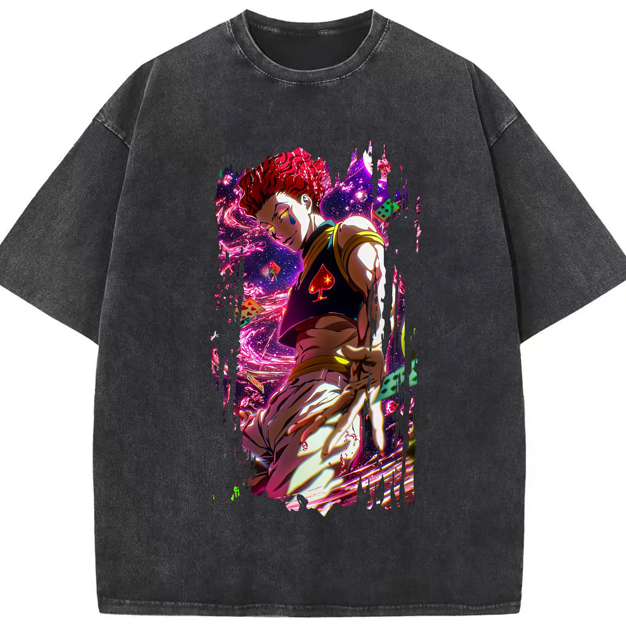 ハンター×ハンター グッズ ヒソカ＝モロウ - 綿100％ ヴィンテージ風 半袖Tシャツ ・ フロントプリント ・ 柔らか肌触り ・ 通気性 快適 ・ スポーツ カジュアル 外出用