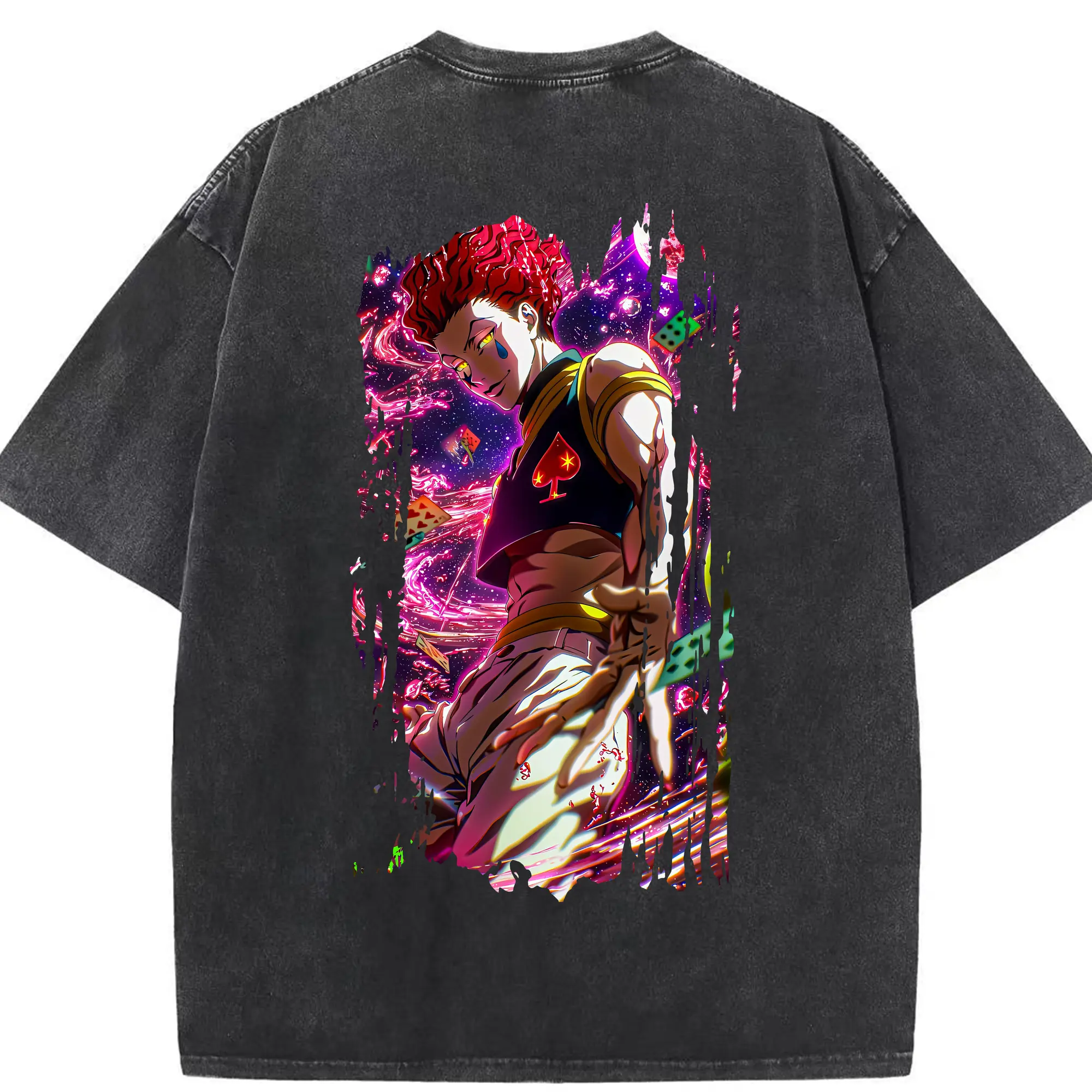 ハンター×ハンター グッズ ヒソカ＝モロウ - 綿100％ ヴィンテージ風 半袖Tシャツ ・ 背面プリント ・ 柔らか肌触り ・ 通気性 快適 ・ スポーツ カジュアル 外出用