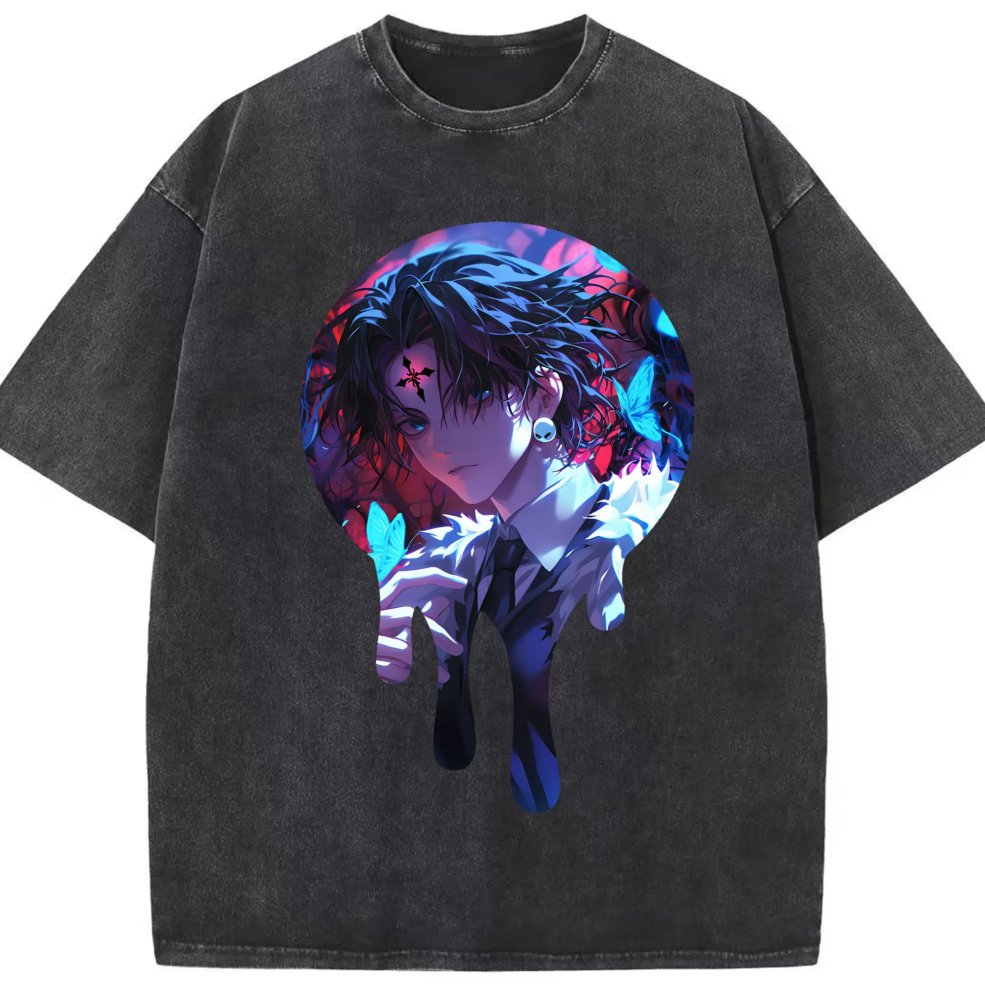 ハンター×ハンター グッズ クロロ＝ルシルフル - 綿100％ ヴィンテージ風 半袖Tシャツ ・ フロントプリント ・ 柔らか肌触り ・ 通気性 快適 ・ スポーツ カジュアル 外出用