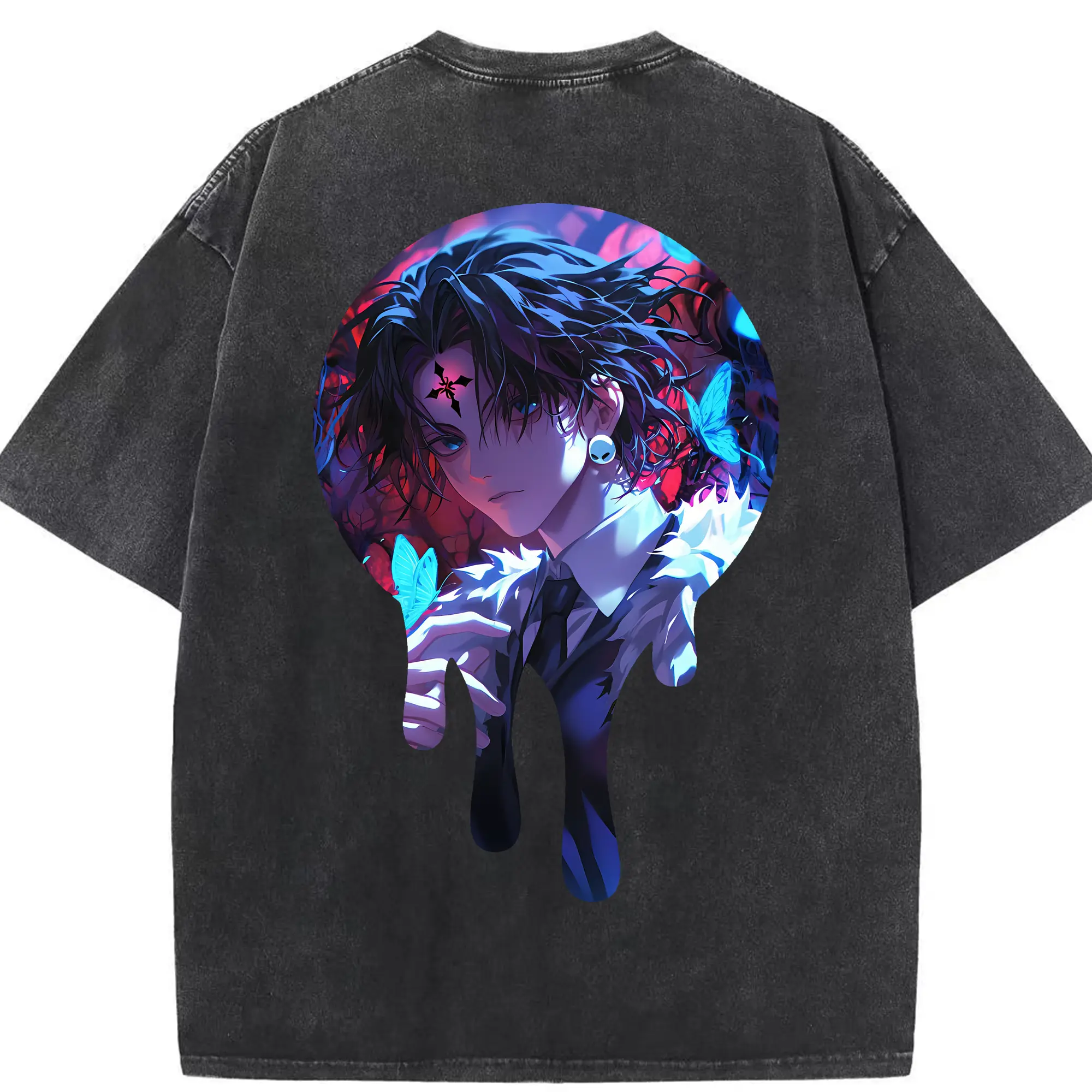 ハンター×ハンター グッズ クロロ＝ルシルフル - 綿100％ ヴィンテージ風 半袖Tシャツ ・ 背面プリント ・ 柔らか肌触り ・ 通気性 快適 ・ スポーツ カジュアル 外出用