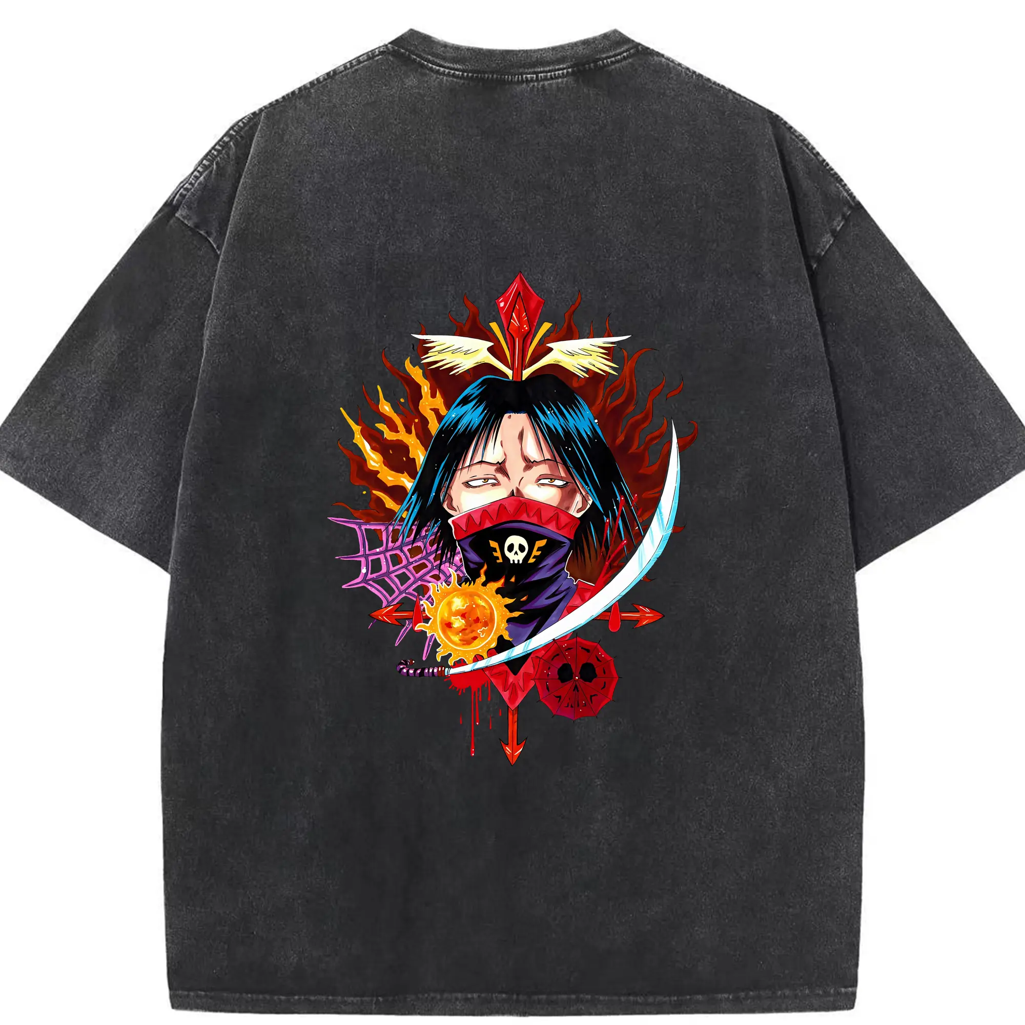 ハンター×ハンター グッズ フェイタン＝ポートオ - 綿100％ ヴィンテージ風 半袖Tシャツ ・ 背面プリント ・ 柔らか肌触り ・ 通気性 快適 ・ スポーツ カジュアル 外出用