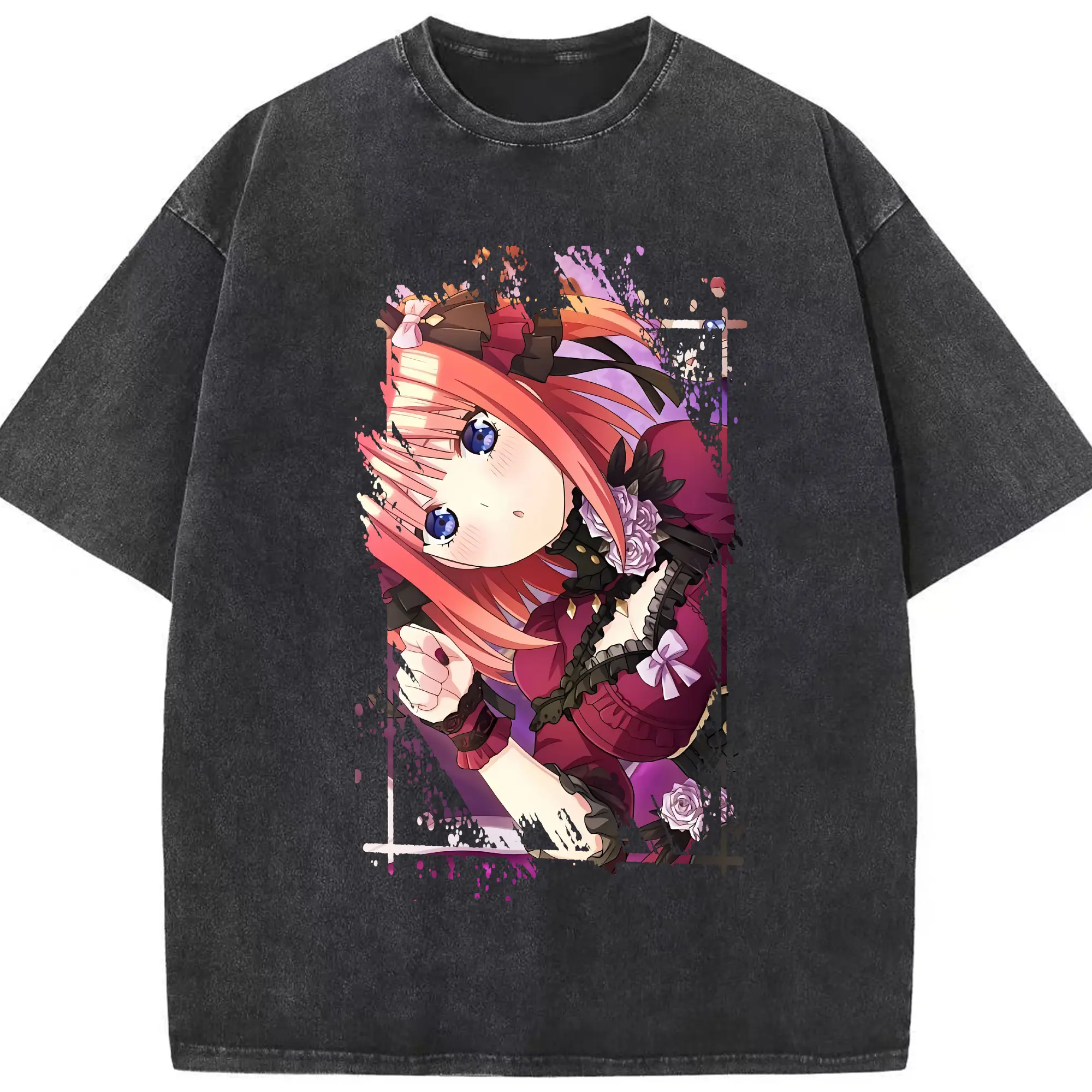 五等分の花嫁 グッズ 中野 二乃 - 綿100％ ヴィンテージ風 半袖Tシャツ ・ フロントプリント ・ 柔らか肌触り ・ 通気性 快適 ・ スポーツ カジュアル 外出用