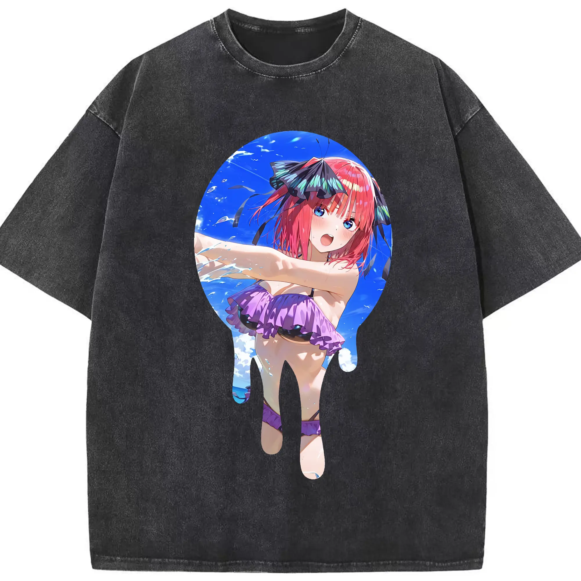 五等分の花嫁 グッズ 中野 二乃 - 綿100％ ヴィンテージ風 半袖Tシャツ ・ フロントプリント ・ 柔らか肌触り ・ 通気性 快適 ・ スポーツ カジュアル 外出用
