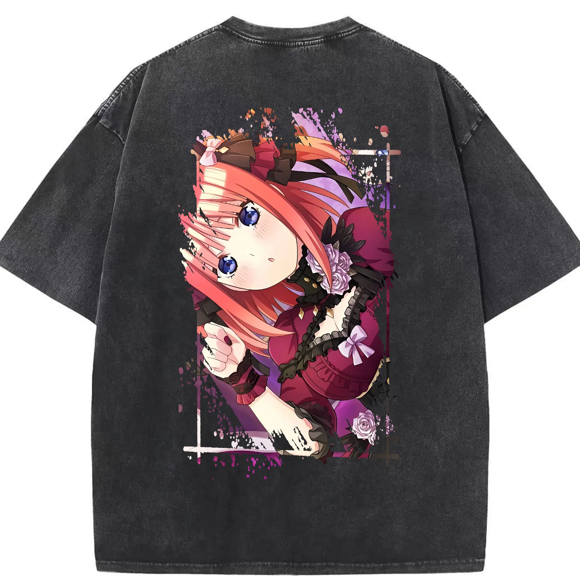 五等分の花嫁 グッズ 中野 二乃 - 綿100％ ヴィンテージ風 半袖Tシャツ ・ 背面プリント ・ 柔らか肌触り ・ 通気性 快適 ・ スポーツ カジュアル 外出用