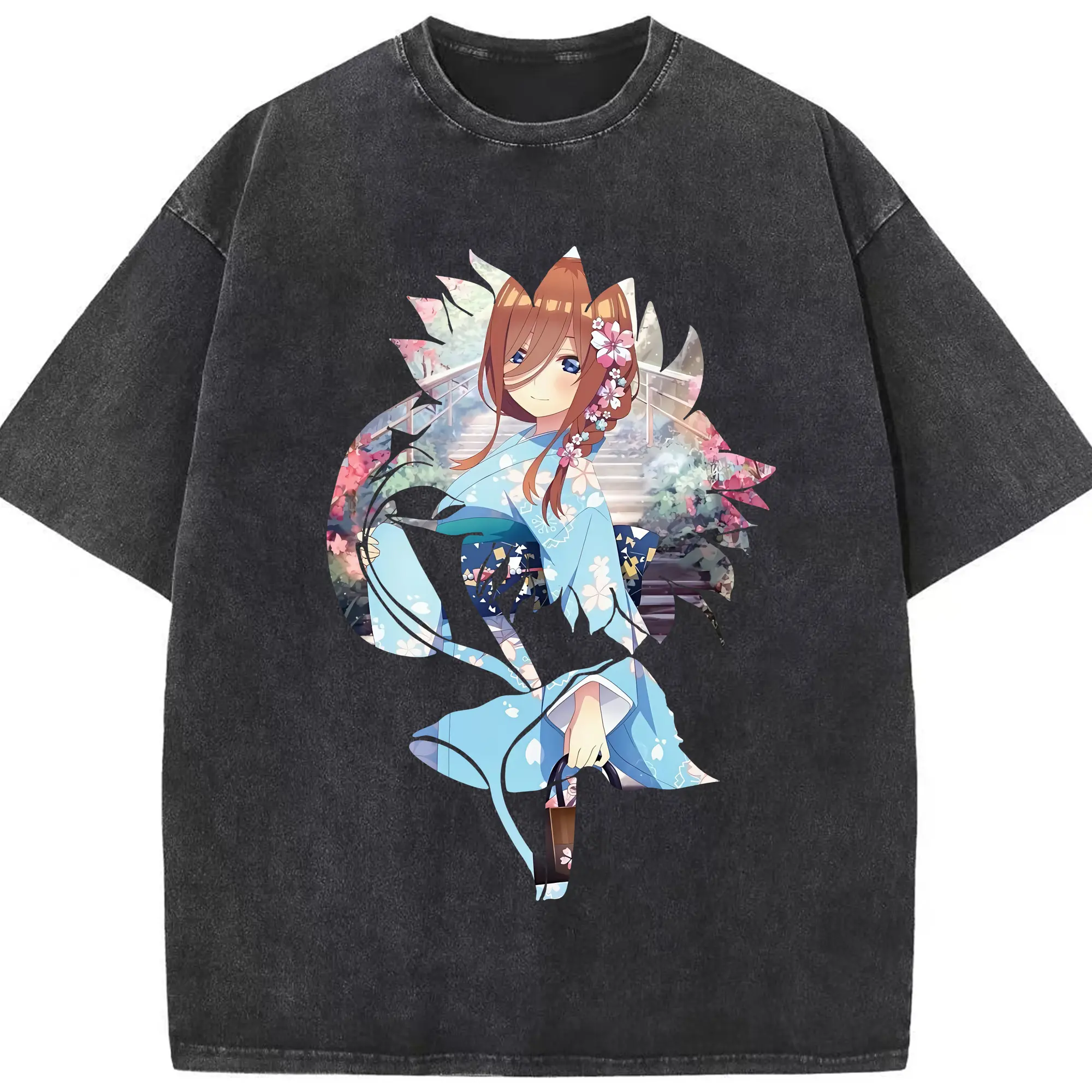 五等分の花嫁 グッズ 中野 三玖 - 綿100％ ヴィンテージ風 半袖Tシャツ ・ フロントプリント ・ 柔らか肌触り ・ 通気性 快適 ・ スポーツ カジュアル 外出用