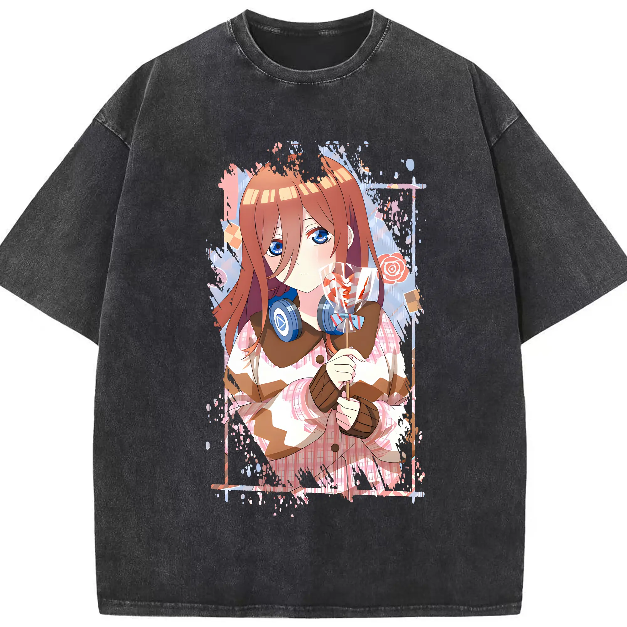 五等分の花嫁 グッズ 中野 三玖 - 綿100％ ヴィンテージ風 半袖Tシャツ ・ フロントプリント ・ 柔らか肌触り ・ 通気性 快適 ・ スポーツ カジュアル 外出用