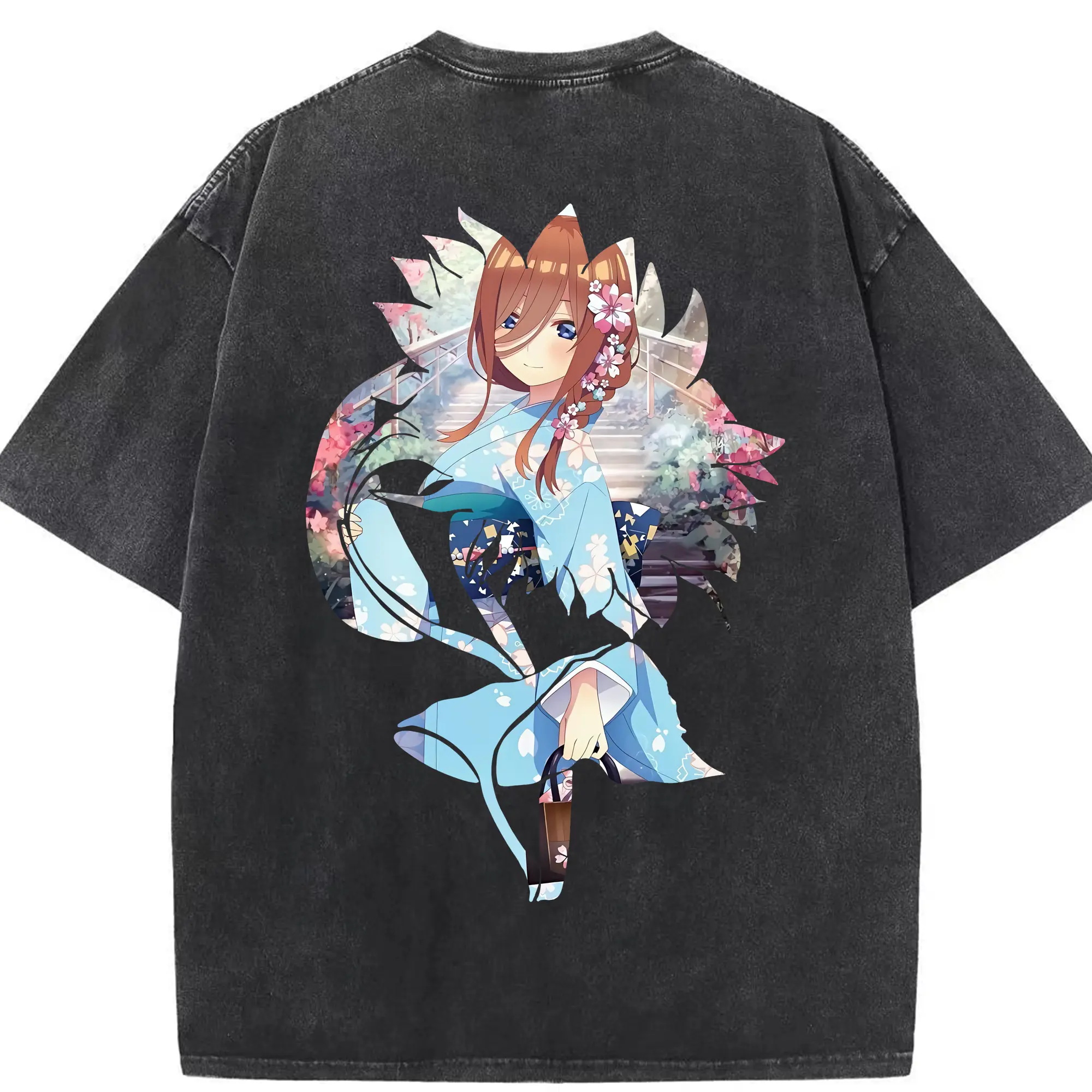 五等分の花嫁 グッズ 中野 三玖 - 綿100％ ヴィンテージ風 半袖Tシャツ ・ 背面プリント ・ 柔らか肌触り ・ 通気性 快適 ・ スポーツ カジュアル 外出用