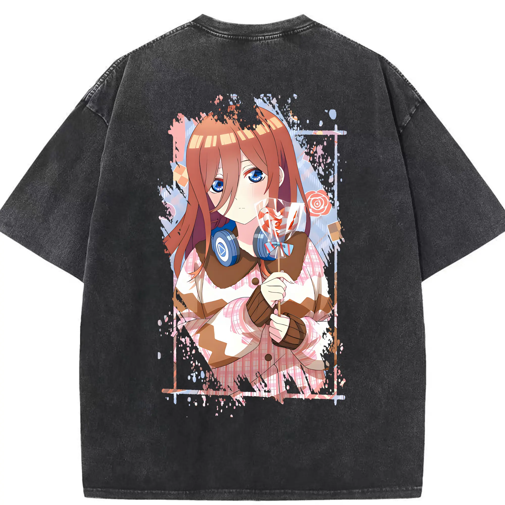 五等分の花嫁 グッズ 中野 三玖 - 綿100％ ヴィンテージ風 半袖Tシャツ ・ 背面プリント ・ 柔らか肌触り ・ 通気性 快適 ・ スポーツ カジュアル 外出用