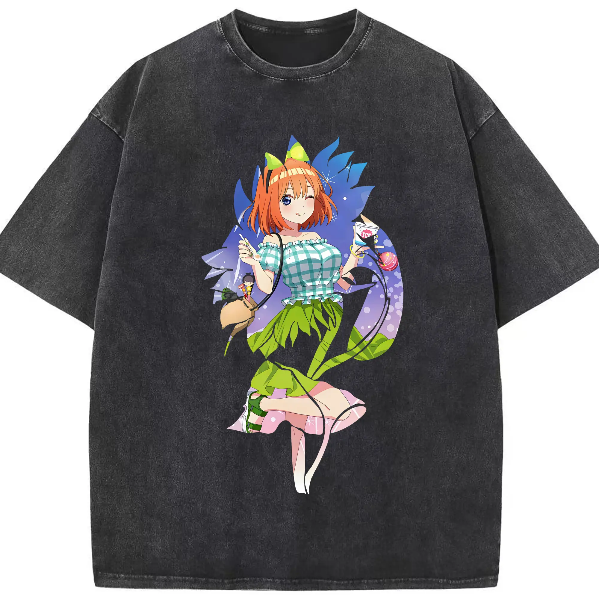 五等分の花嫁 グッズ 中野 四葉 - 綿100％ ヴィンテージ風 半袖Tシャツ ・ フロントプリント ・ 柔らか肌触り ・ 通気性 快適 ・ スポーツ カジュアル 外出用