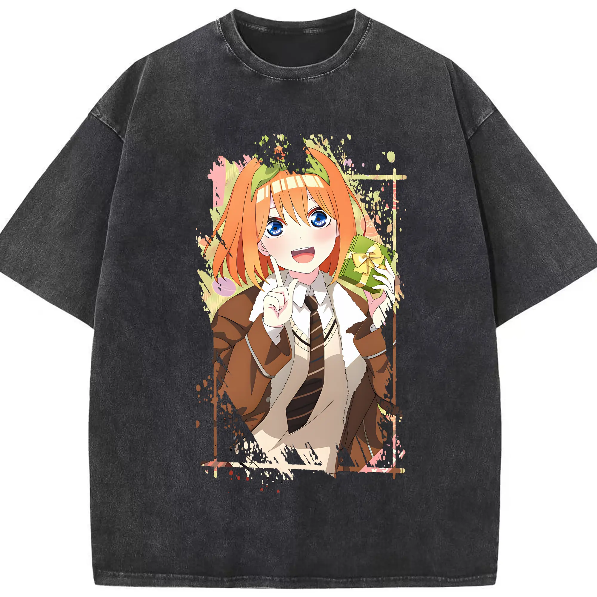 五等分の花嫁 グッズ 中野 四葉 - 綿100％ ヴィンテージ風 半袖Tシャツ ・ フロントプリント ・ 柔らか肌触り ・ 通気性 快適 ・ スポーツ カジュアル 外出用