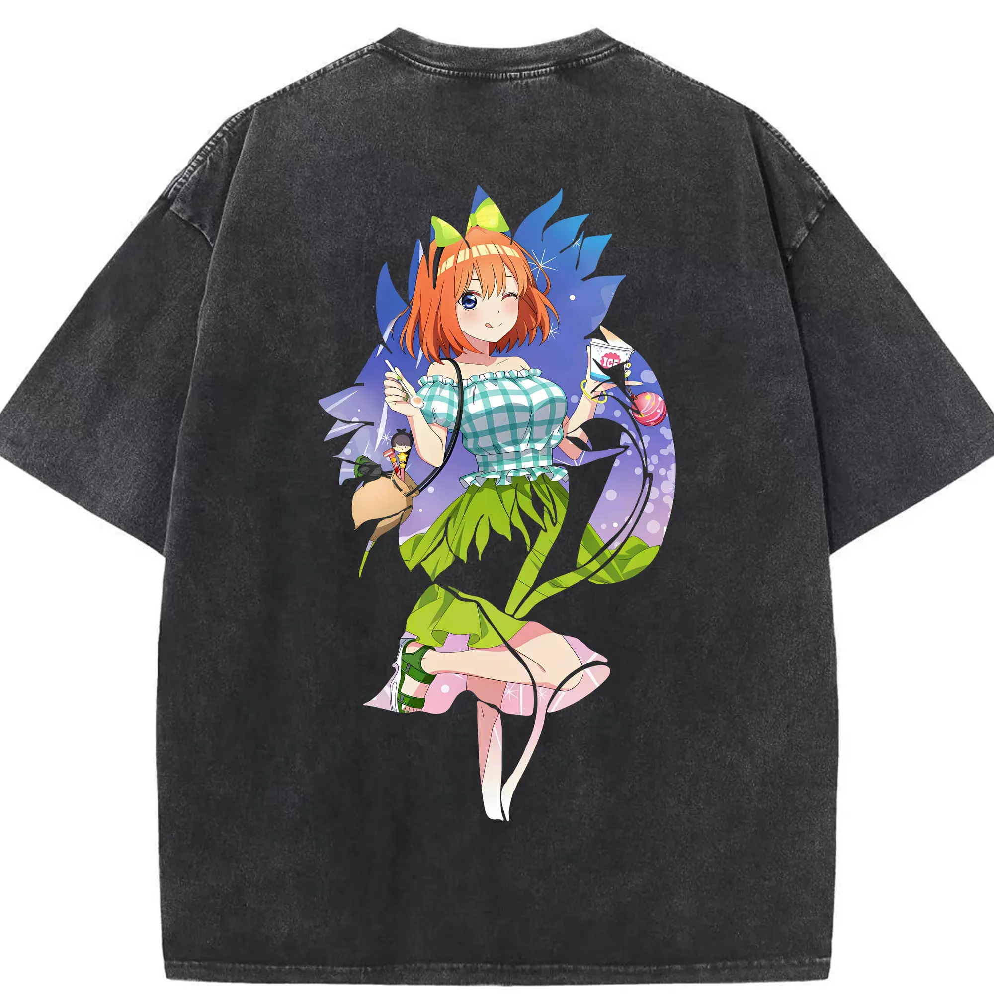五等分の花嫁 グッズ 中野 四葉 - 綿100％ ヴィンテージ風 半袖Tシャツ ・ 背面プリント ・ 柔らか肌触り ・ 通気性 快適 ・ スポーツ カジュアル 外出用
