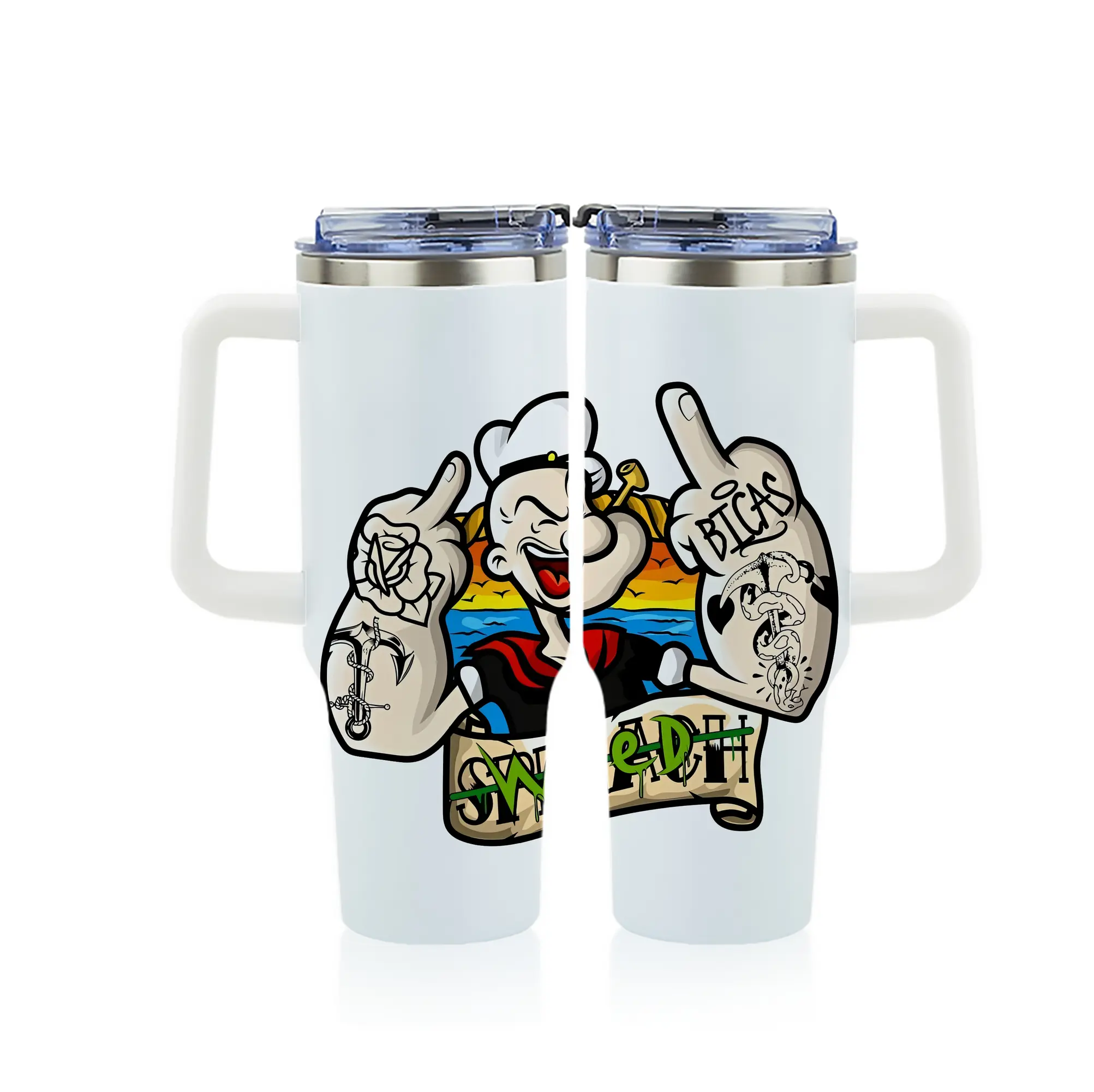 ポパイ グッズ ポパイ - 1200mL フルプリント車用タンブラー ・ 304ステンレス 内側 ・ 201ステンレス 外側 ・ 保温 保冷 ・ 通勤 ドライブ アウトドア用