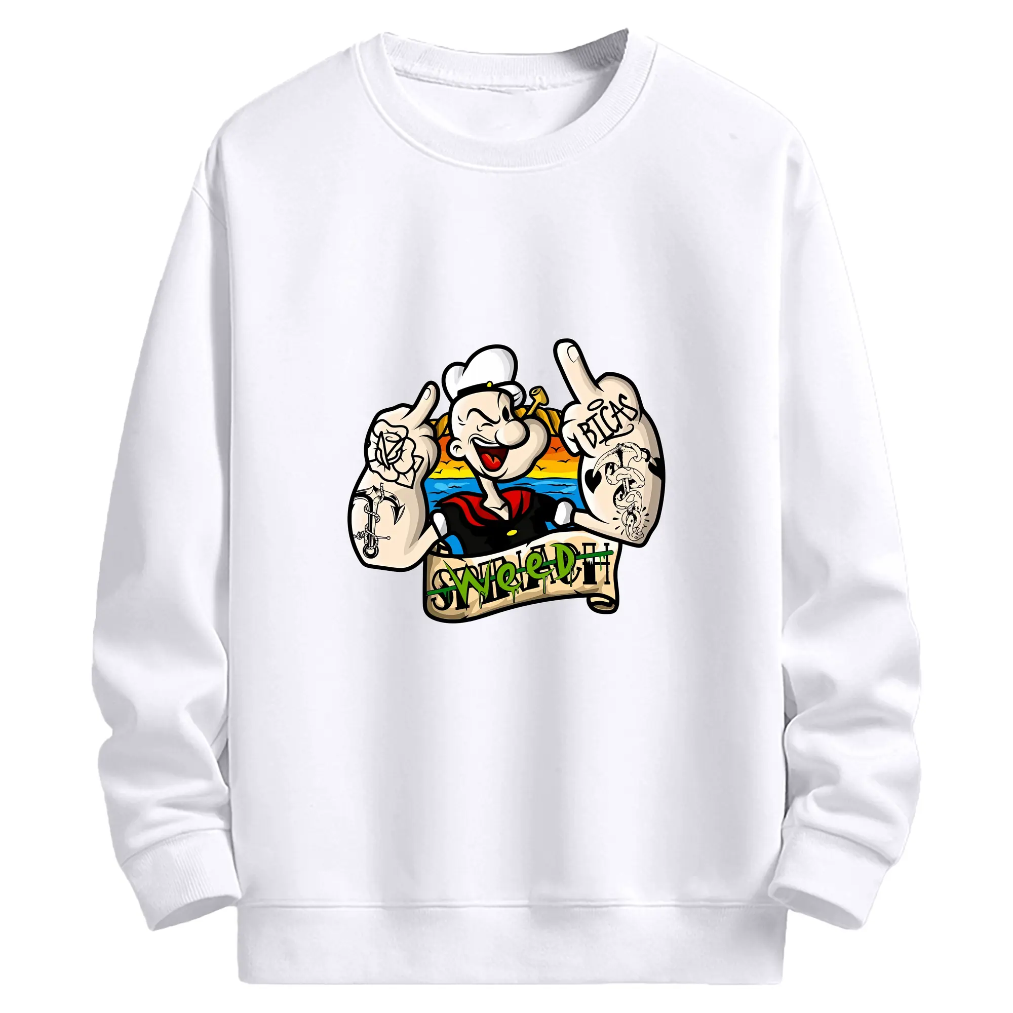 ポパイ グッズ ポパイ - 高品質 クルーネック スウェット ・ コットン59％ ポリエステル41％ ・ ユニセックス 長袖 トレーナー ・ カジュアル デイリー スポーツ 散歩用