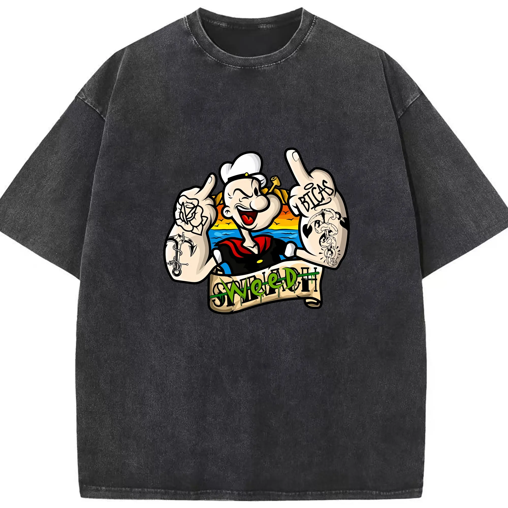 ポパイ グッズ ポパイ - 綿100％ ヴィンテージ風 半袖Tシャツ ・ フロントプリント ・ 柔らか肌触り ・ 通気性 快適 ・ スポーツ カジュアル 外出用