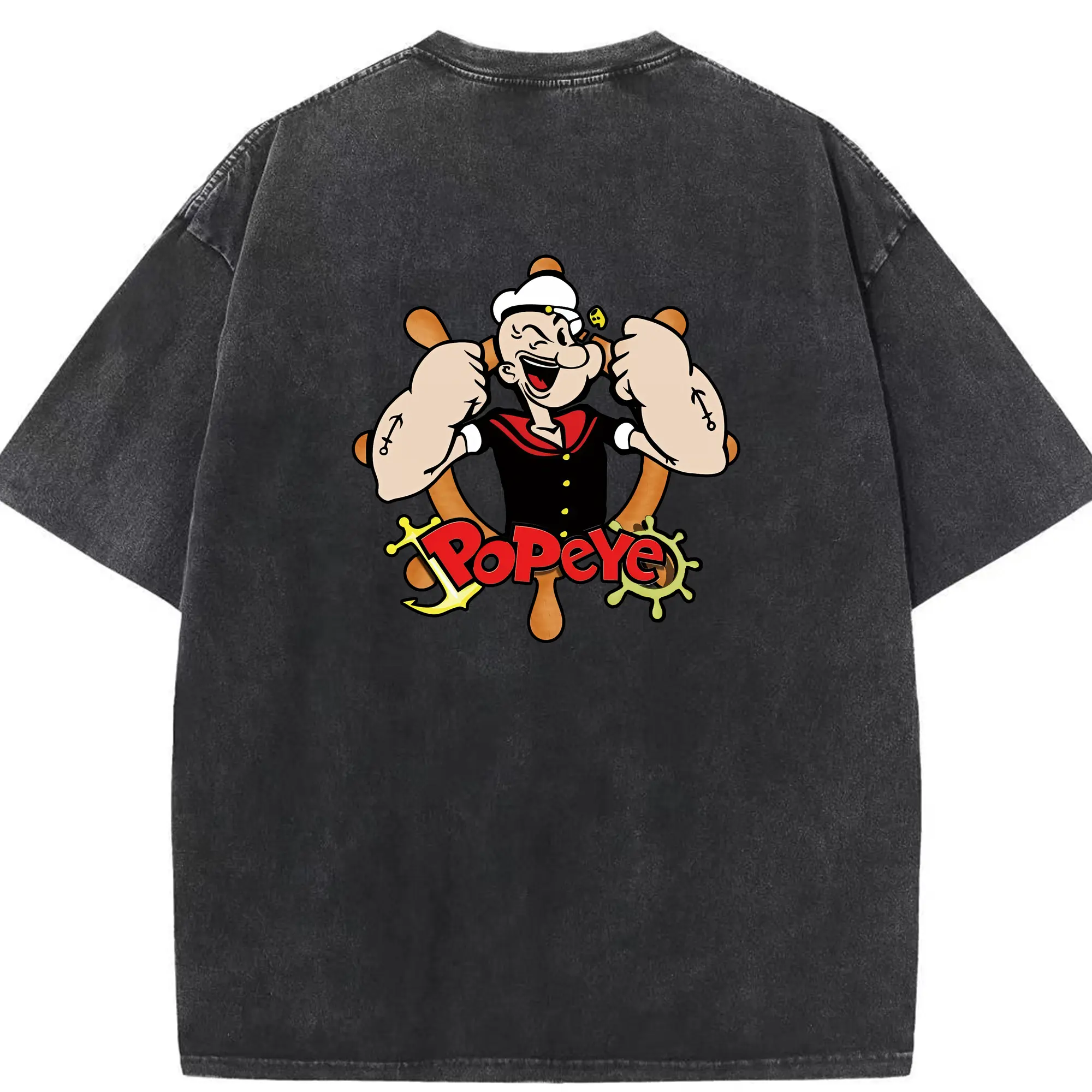 ポパイ グッズ ポパイ - 綿100％ ヴィンテージ風 半袖Tシャツ ・ 背面プリント ・ 柔らか肌触り ・ 通気性 快適 ・ スポーツ カジュアル 外出用