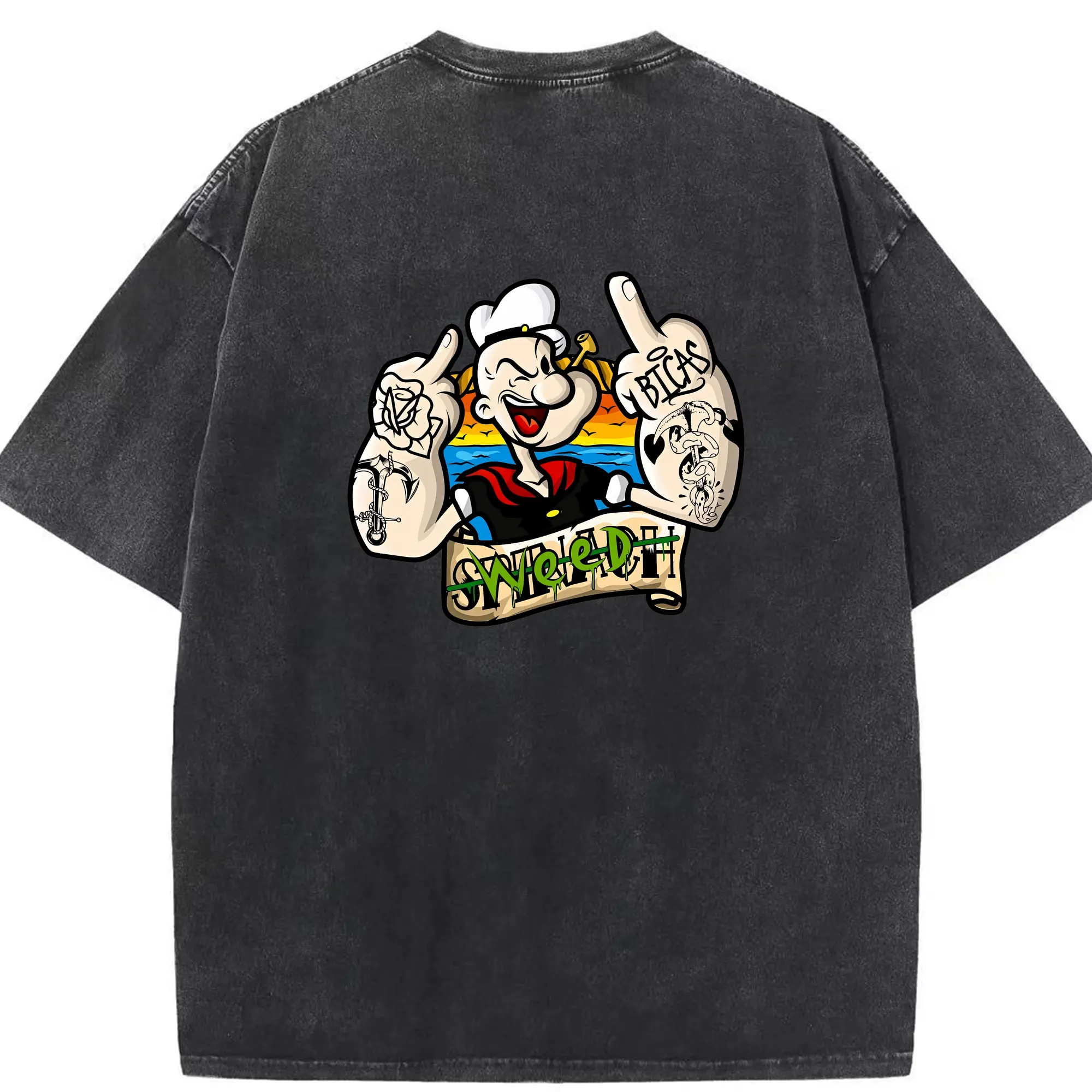 ポパイ グッズ ポパイ - 綿100％ ヴィンテージ風 半袖Tシャツ ・ 背面プリント ・ 柔らか肌触り ・ 通気性 快適 ・ スポーツ カジュアル 外出用