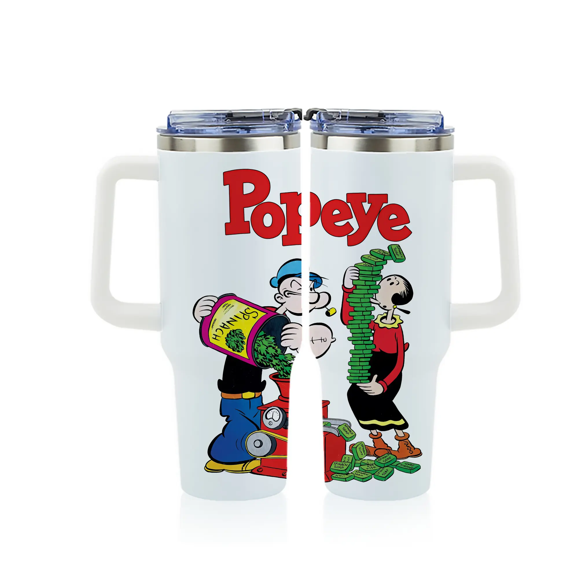 ポパイ グッズ オリーブ・オイル - 1200mL フルプリント車用タンブラー ・ 304ステンレス 内側 ・ 201ステンレス 外側 ・ 保温 保冷 ・ 通勤 ドライブ アウトドア用