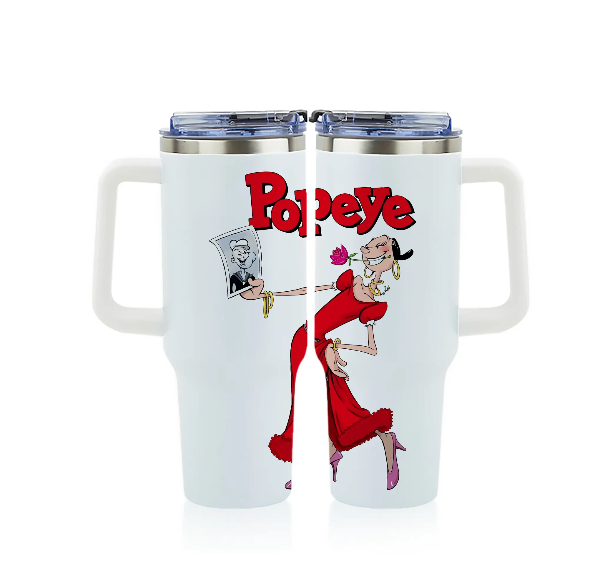 ポパイ グッズ オリーブ・オイル - 1200mL フルプリント車用タンブラー ・ 304ステンレス 内側 ・ 201ステンレス 外側 ・ 保温 保冷 ・ 通勤 ドライブ アウトドア用