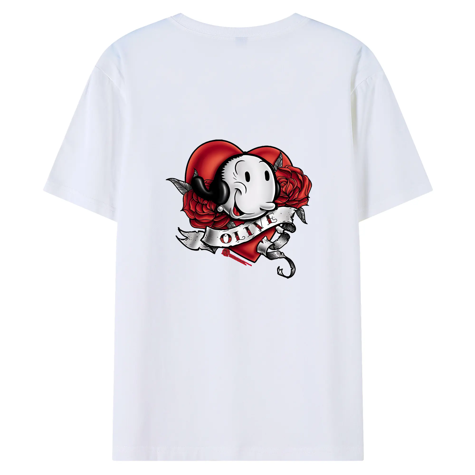 ポパイ グッズ オリーブ・オイル - 綿100％ 半袖Tシャツ ・ バックプリント ・ 快適 通気性 ・ 日常使い 散歩 スポーツ用