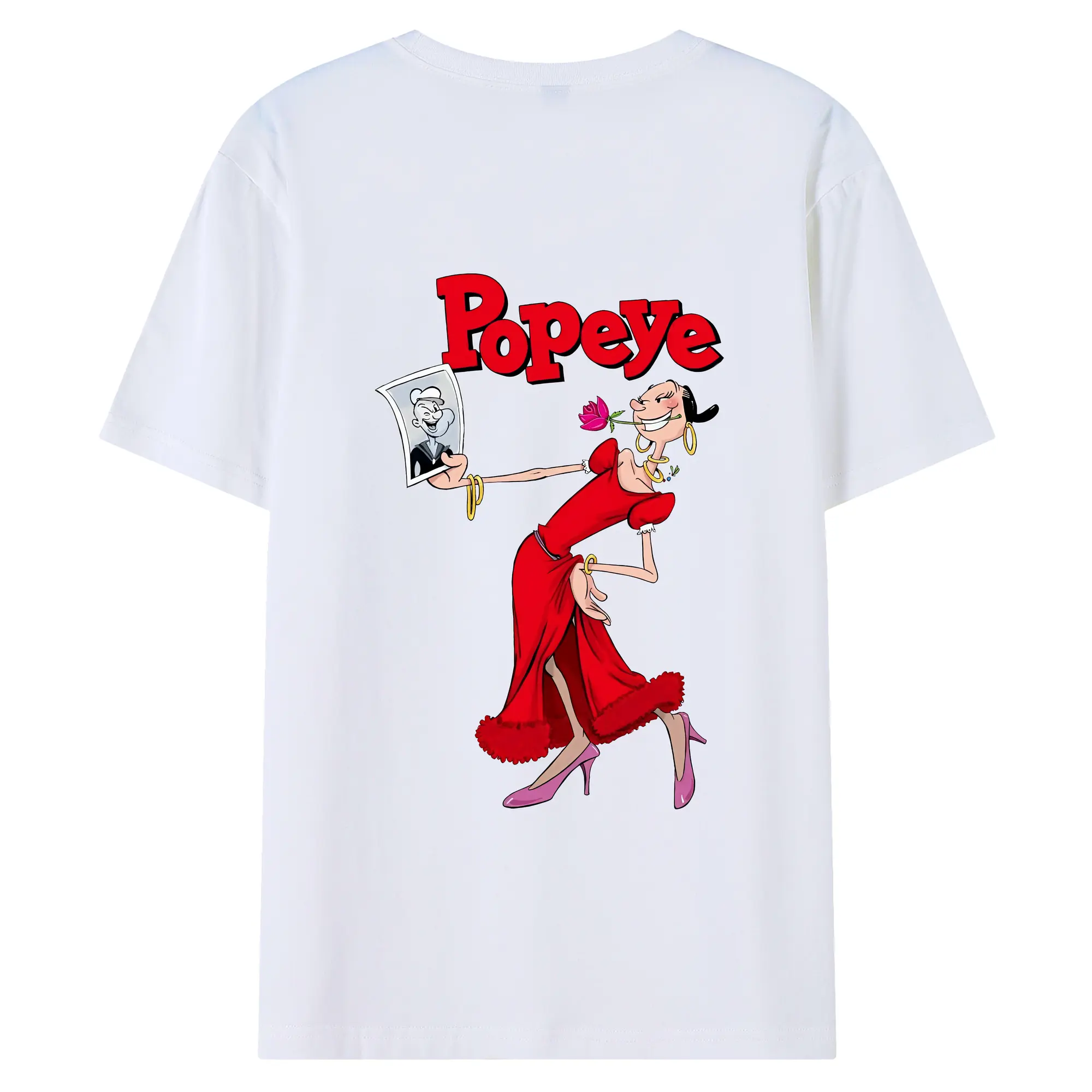 ポパイ グッズ オリーブ・オイル - 綿100％ 半袖Tシャツ ・ バックプリント ・ 快適 通気性 ・ 日常使い 散歩 スポーツ用