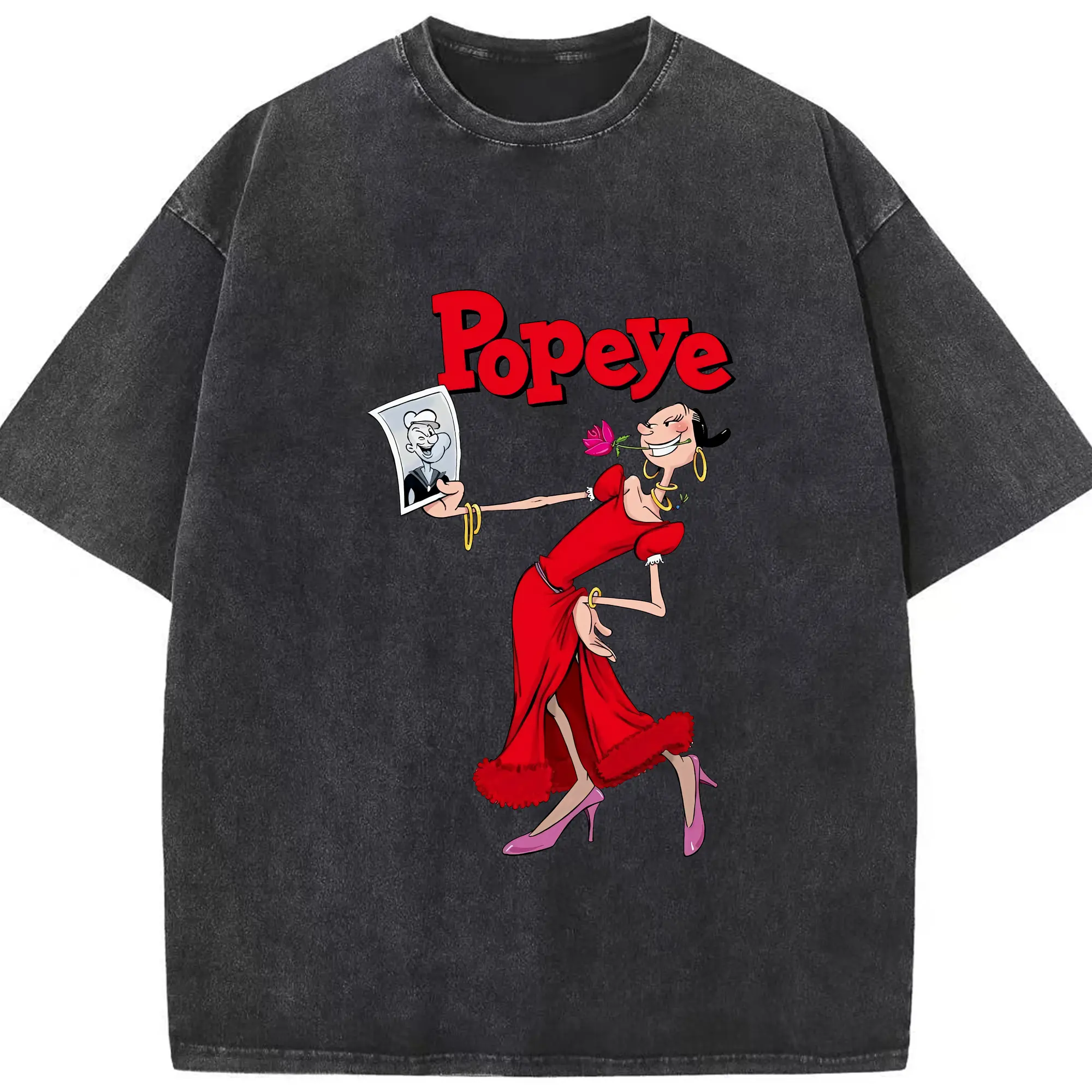 ポパイ グッズ オリーブ・オイル - 綿100％ ヴィンテージ風 半袖Tシャツ ・ フロントプリント ・ 柔らか肌触り ・ 通気性 快適 ・ スポーツ カジュアル 外出用