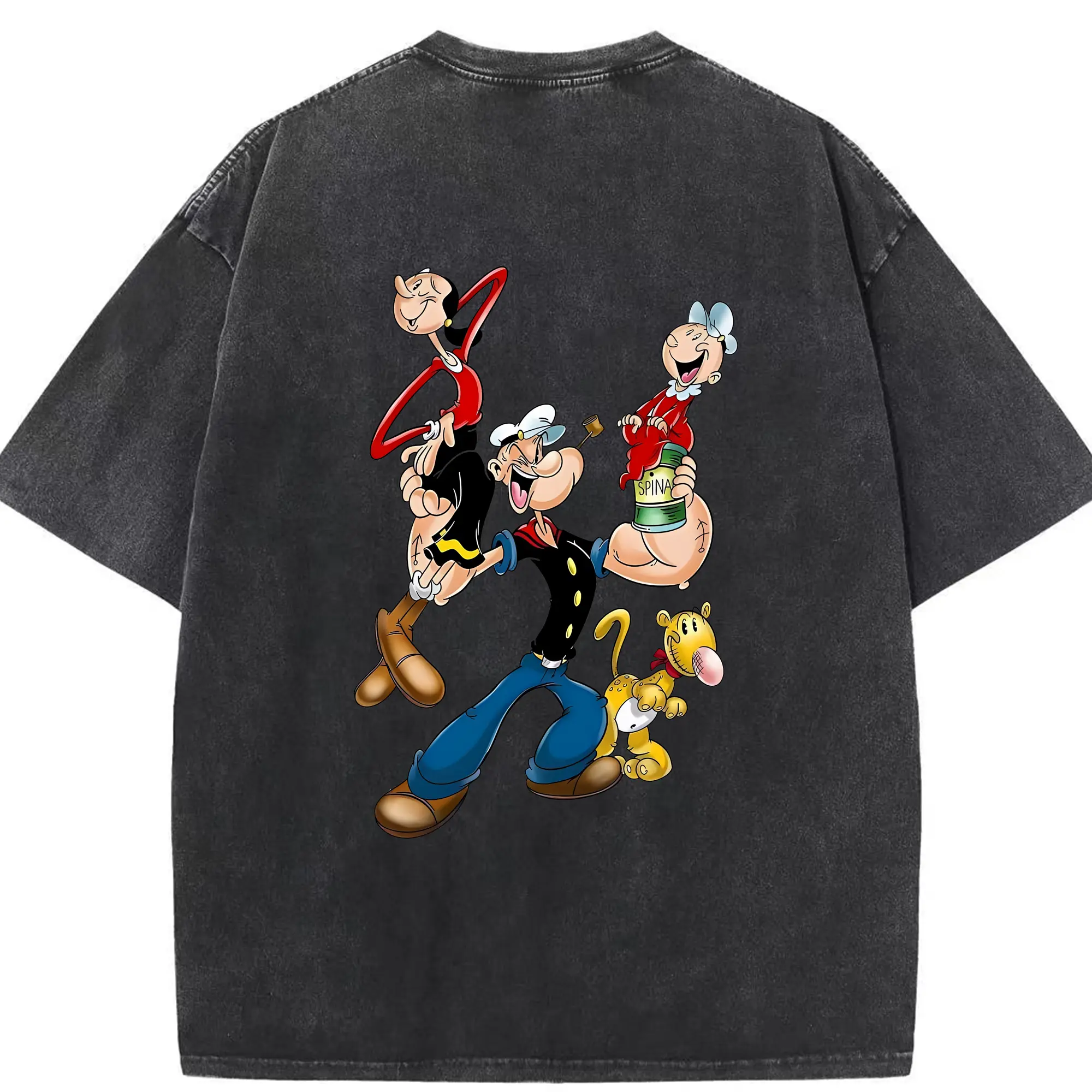 ポパイ グッズ オリーブ・オイル - 綿100％ ヴィンテージ風 半袖Tシャツ ・ 背面プリント ・ 柔らか肌触り ・ 通気性 快適 ・ スポーツ カジュアル 外出用