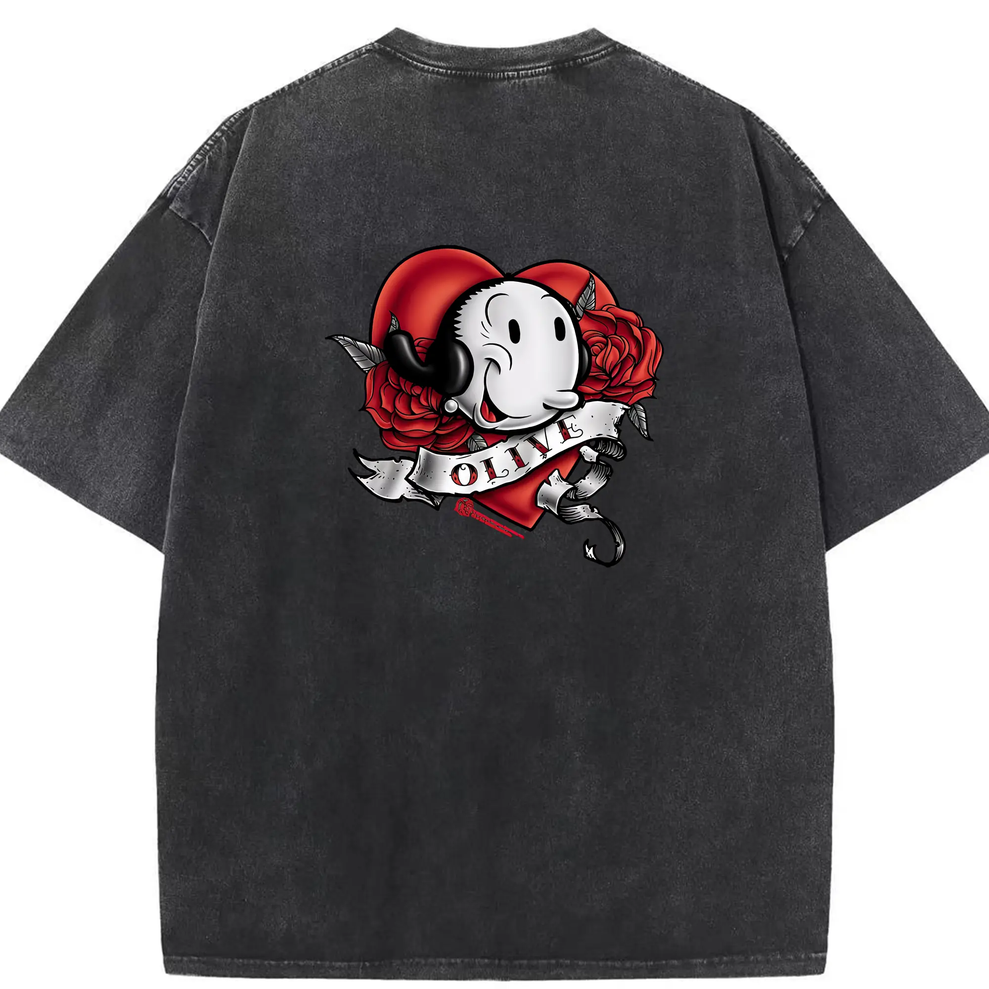 ポパイ グッズ オリーブ・オイル - 綿100％ ヴィンテージ風 半袖Tシャツ ・ 背面プリント ・ 柔らか肌触り ・ 通気性 快適 ・ スポーツ カジュアル 外出用