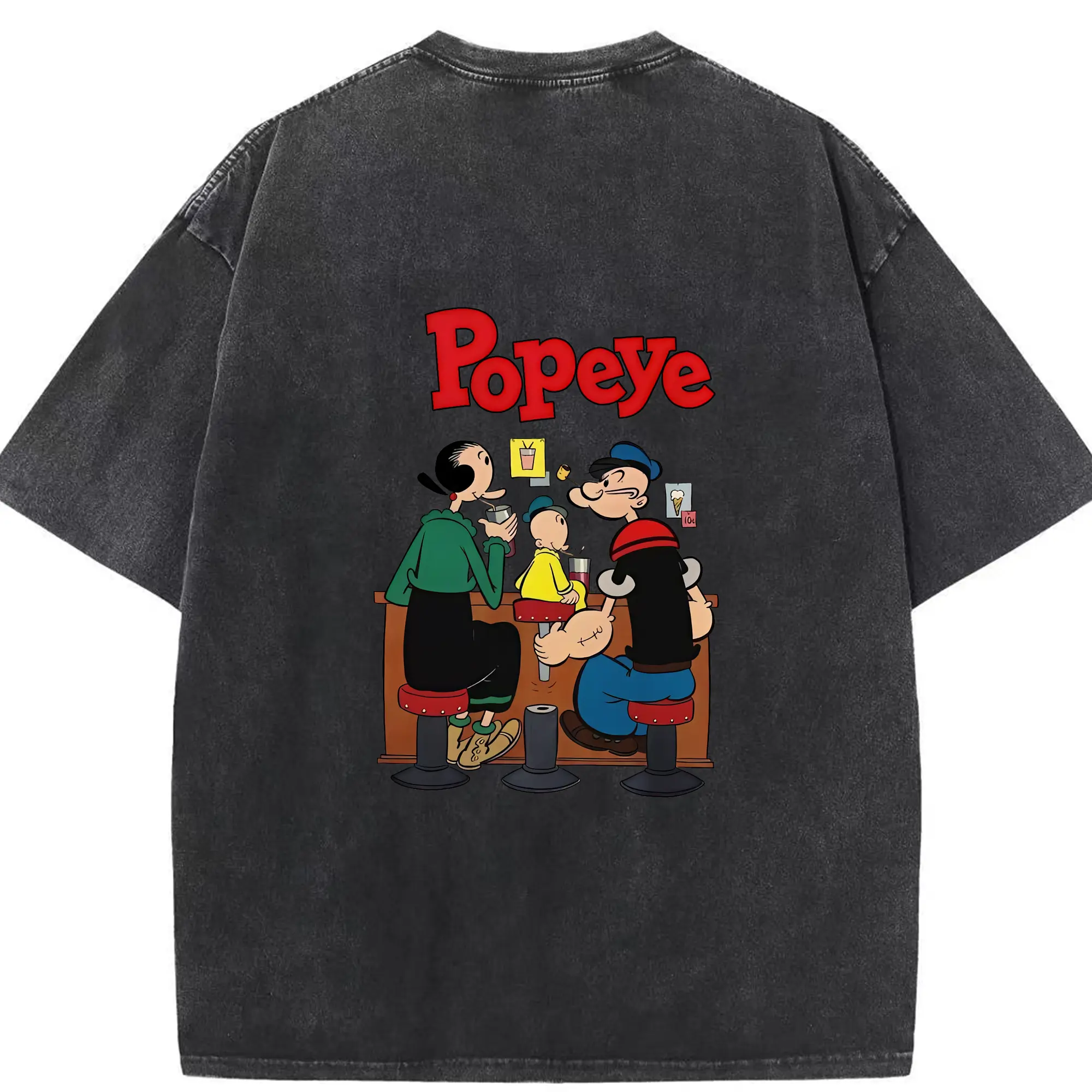 ポパイ グッズ オリーブ・オイル - 綿100％ ヴィンテージ風 半袖Tシャツ ・ 背面プリント ・ 柔らか肌触り ・ 通気性 快適 ・ スポーツ カジュアル 外出用