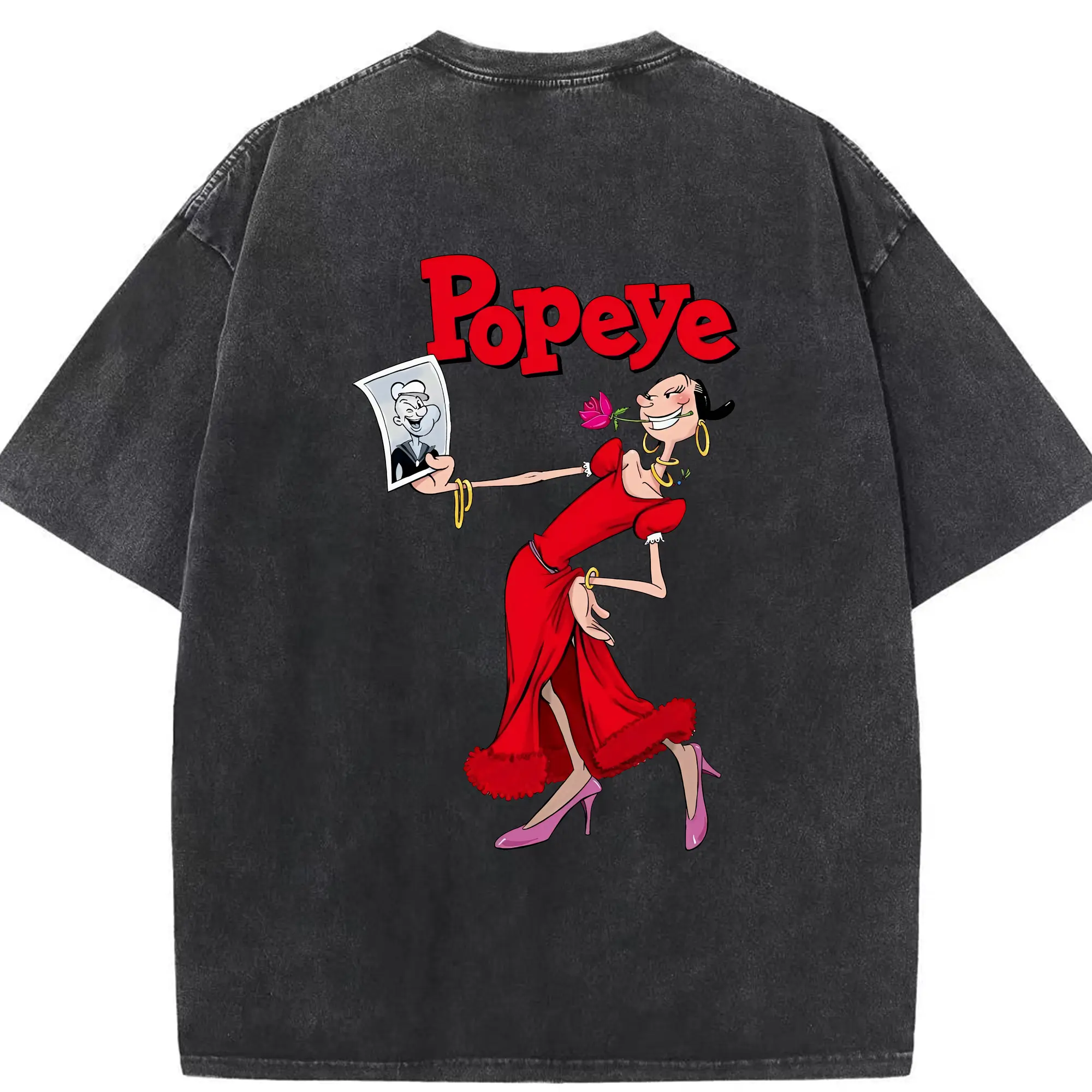 ポパイ グッズ オリーブ・オイル - 綿100％ ヴィンテージ風 半袖Tシャツ ・ 背面プリント ・ 柔らか肌触り ・ 通気性 快適 ・ スポーツ カジュアル 外出用