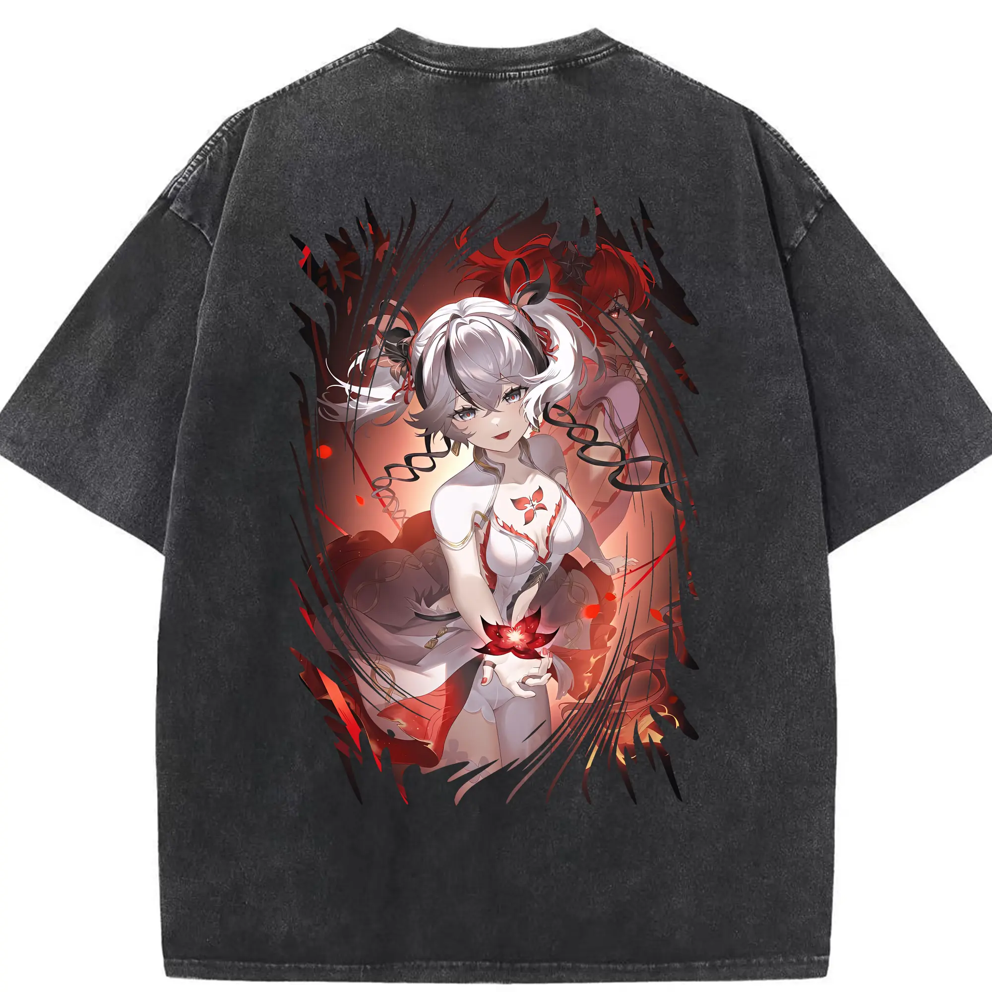 鳴潮 グッズ ツバキ - 綿100％ ヴィンテージ風 半袖Tシャツ ・ 背面プリント ・ 柔らか肌触り ・ 通気性 快適 ・ スポーツ カジュアル 外出用