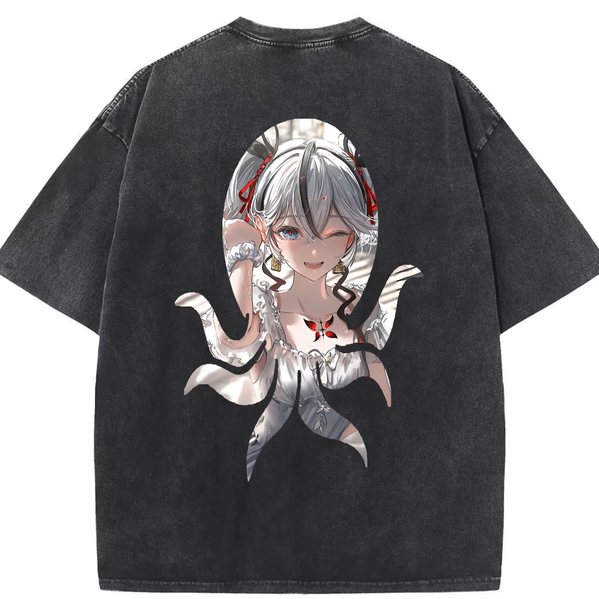 鳴潮 グッズ ツバキ - 綿100％ ヴィンテージ風 半袖Tシャツ ・ 背面プリント ・ 柔らか肌触り ・ 通気性 快適 ・ スポーツ カジュアル 外出用