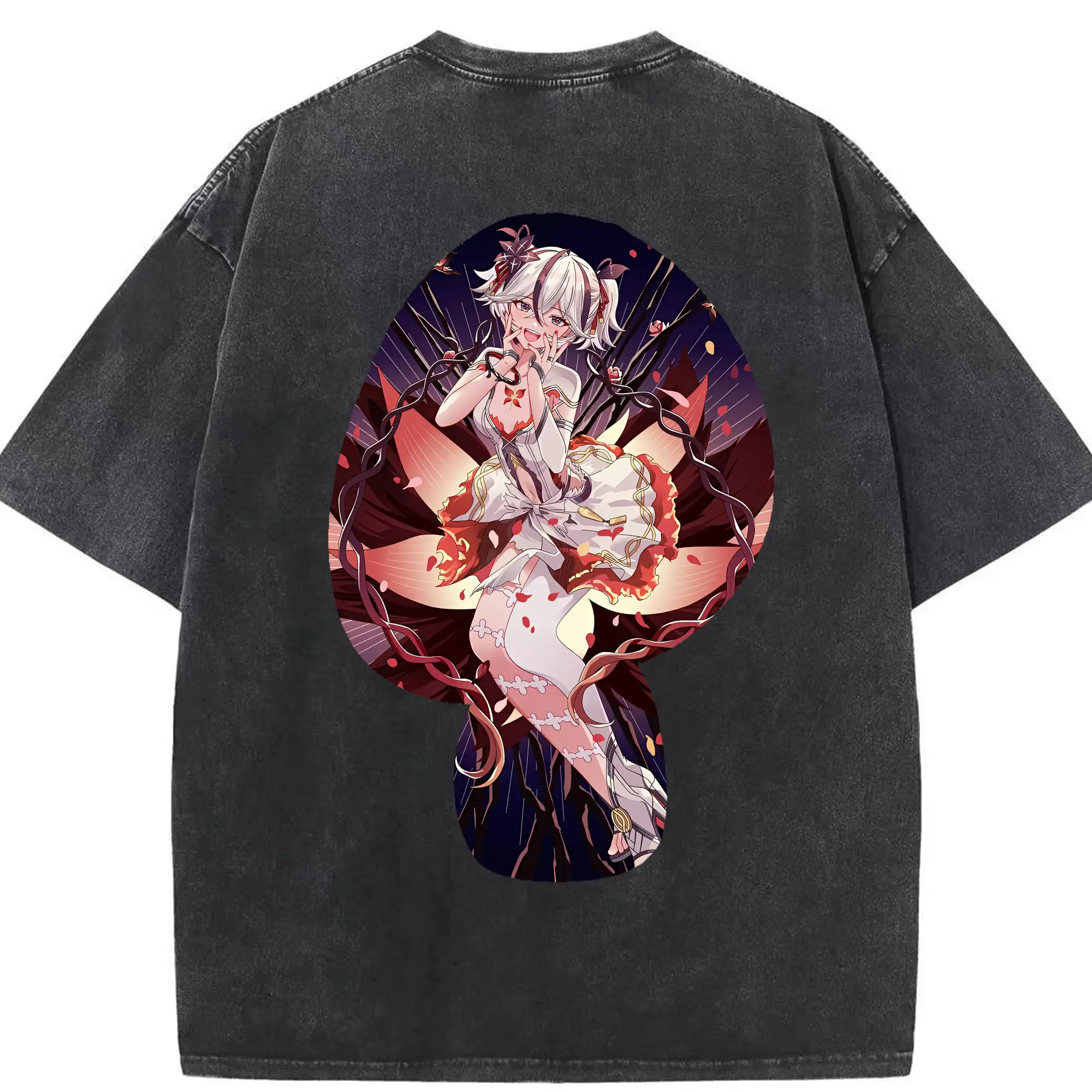 鳴潮 グッズ ツバキ - 綿100％ ヴィンテージ風 半袖Tシャツ ・ 背面プリント ・ 柔らか肌触り ・ 通気性 快適 ・ スポーツ カジュアル 外出用