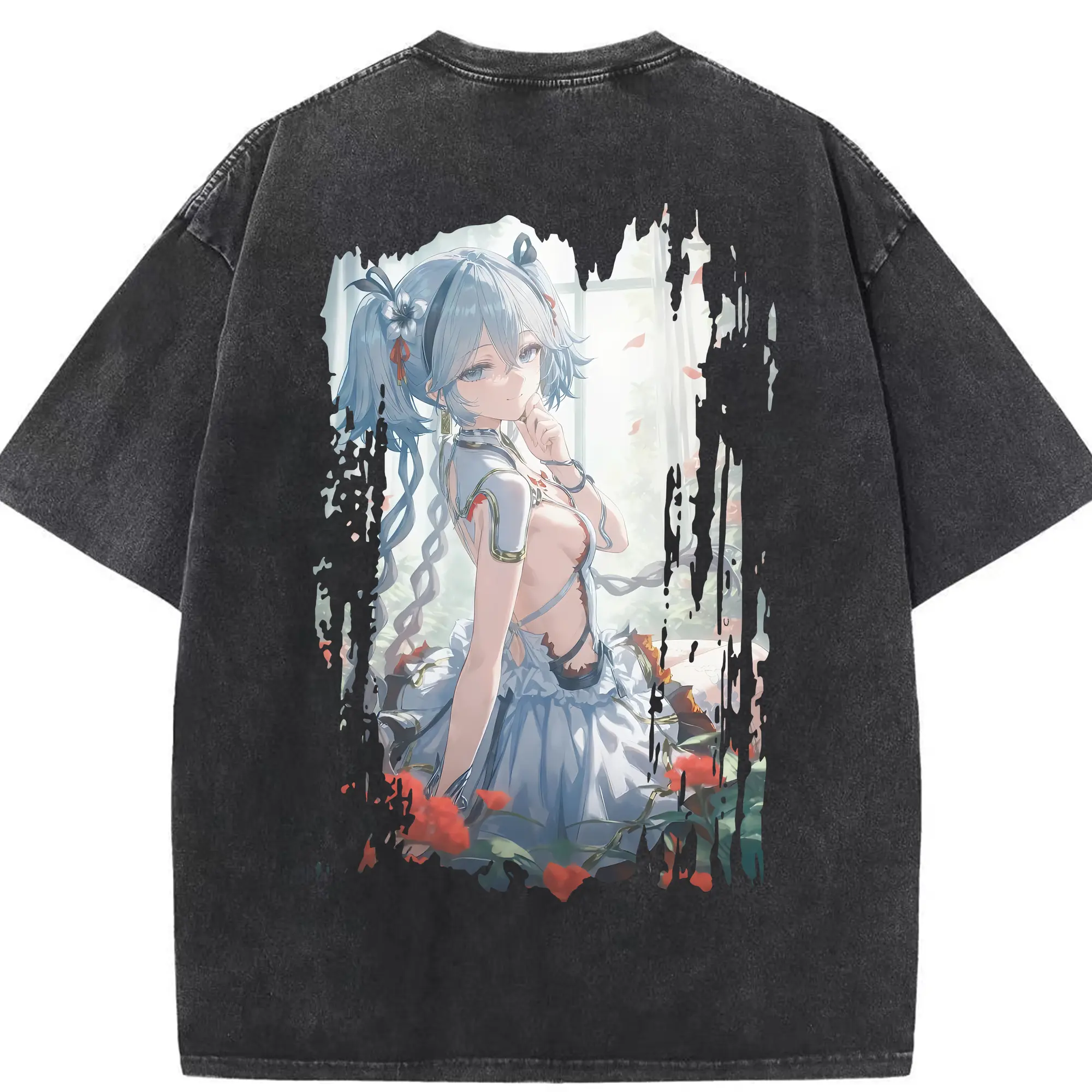 鳴潮 グッズ ツバキ - 綿100％ ヴィンテージ風 半袖Tシャツ ・ 背面プリント ・ 柔らか肌触り ・ 通気性 快適 ・ スポーツ カジュアル 外出用