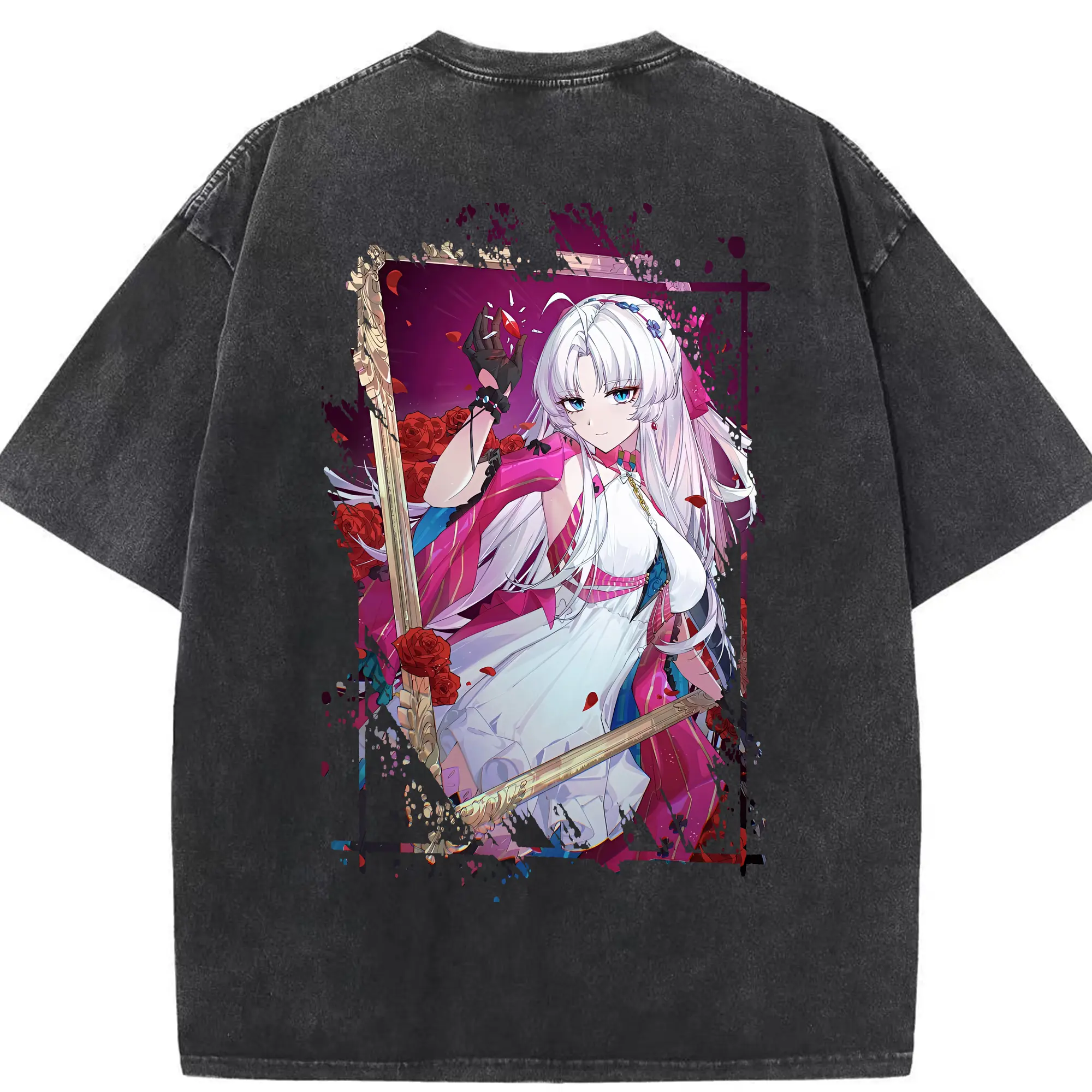 鳴潮 グッズ カルロッタ - 綿100％ ヴィンテージ風 半袖Tシャツ ・ 背面プリント ・ 柔らか肌触り ・ 通気性 快適 ・ スポーツ カジュアル 外出用