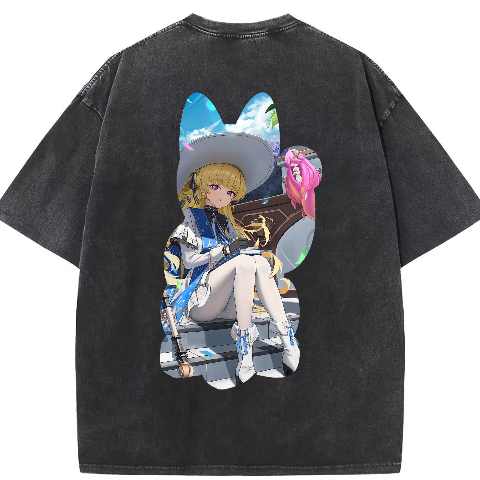 鳴潮 グッズ フィービー - 綿100％ ヴィンテージ風 半袖Tシャツ ・ 背面プリント ・ 柔らか肌触り ・ 通気性 快適 ・ スポーツ カジュアル 外出用