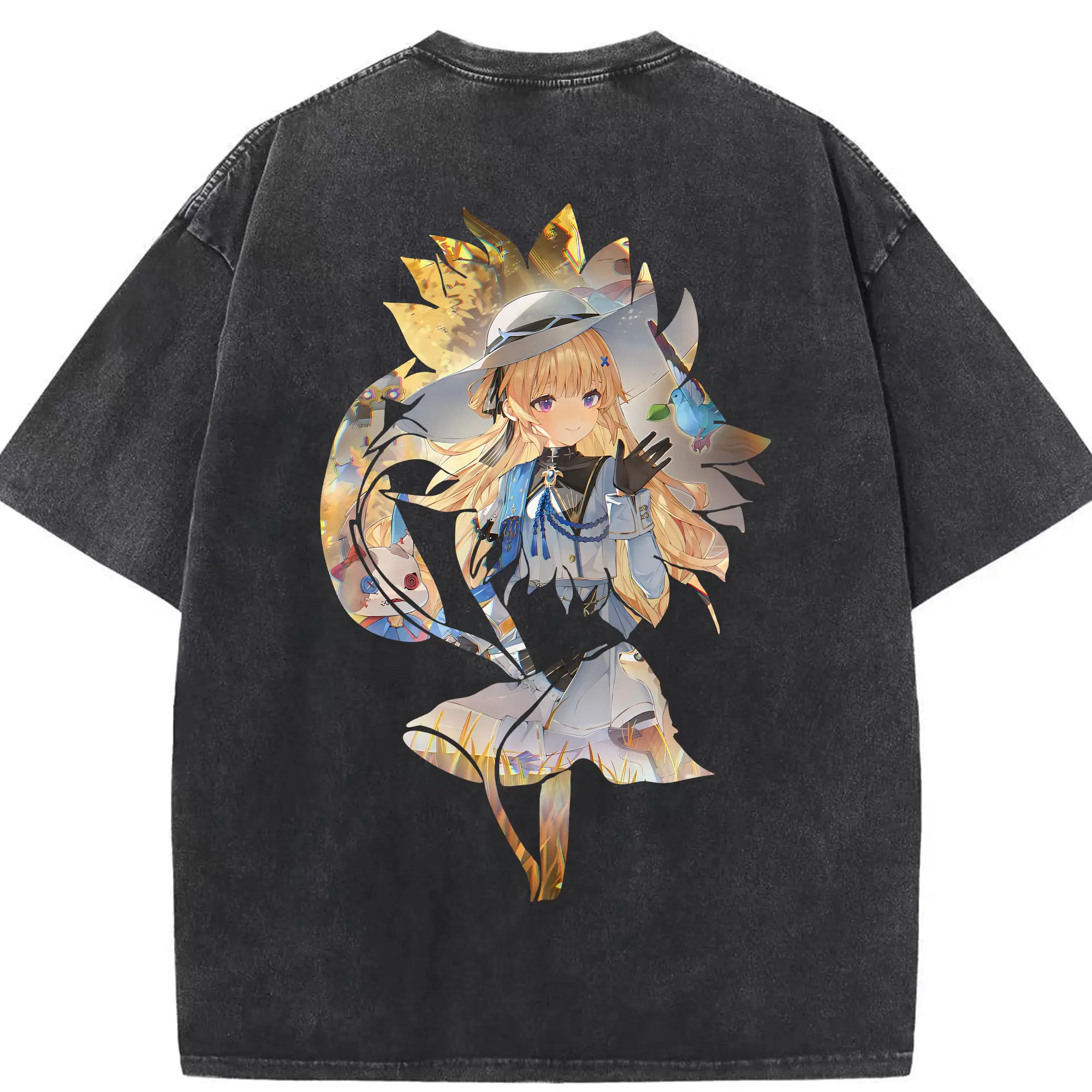 鳴潮 グッズ フィービー - 綿100％ ヴィンテージ風 半袖Tシャツ ・ 背面プリント ・ 柔らか肌触り ・ 通気性 快適 ・ スポーツ カジュアル 外出用
