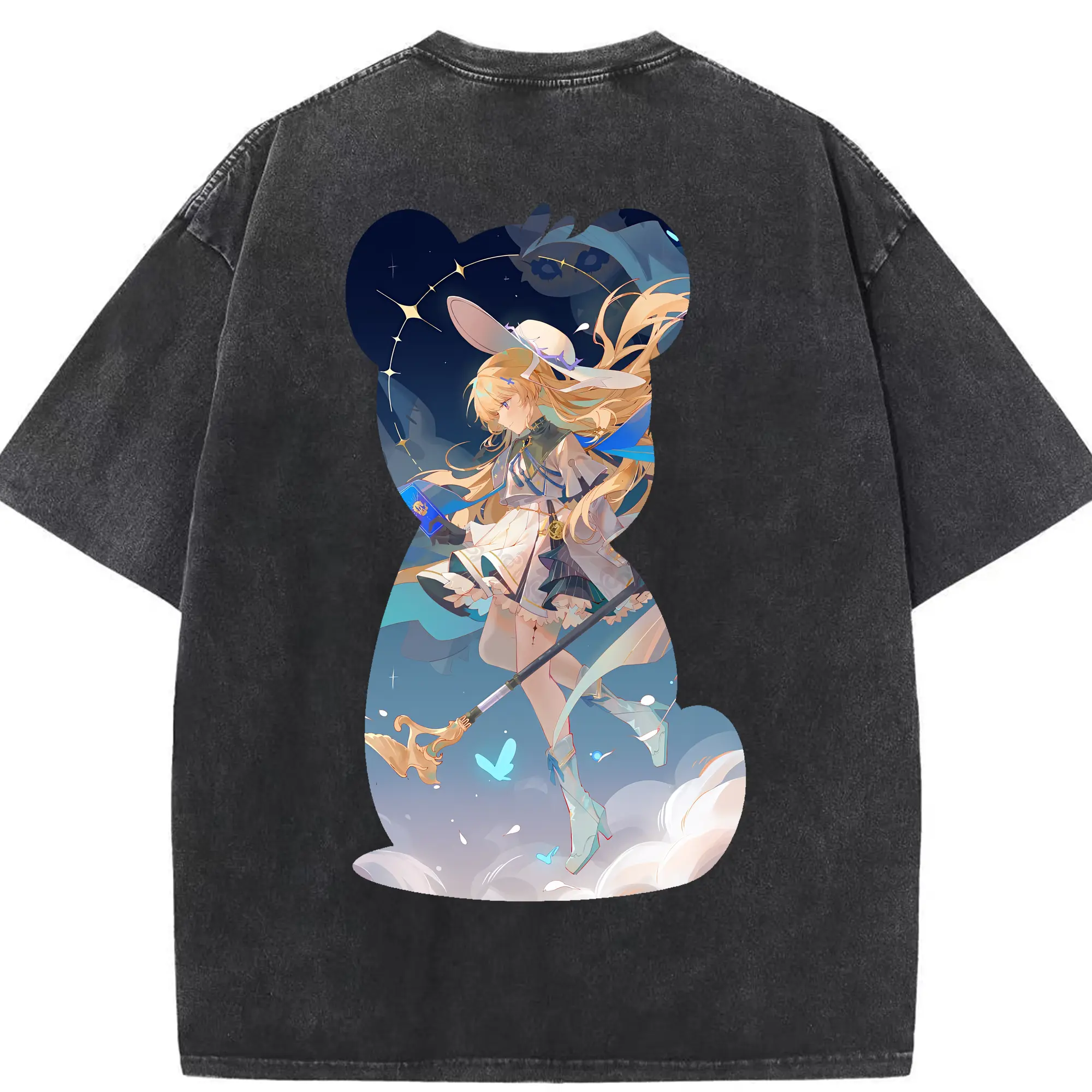 鳴潮 グッズ フィービー - 綿100％ ヴィンテージ風 半袖Tシャツ ・ 背面プリント ・ 柔らか肌触り ・ 通気性 快適 ・ スポーツ カジュアル 外出用