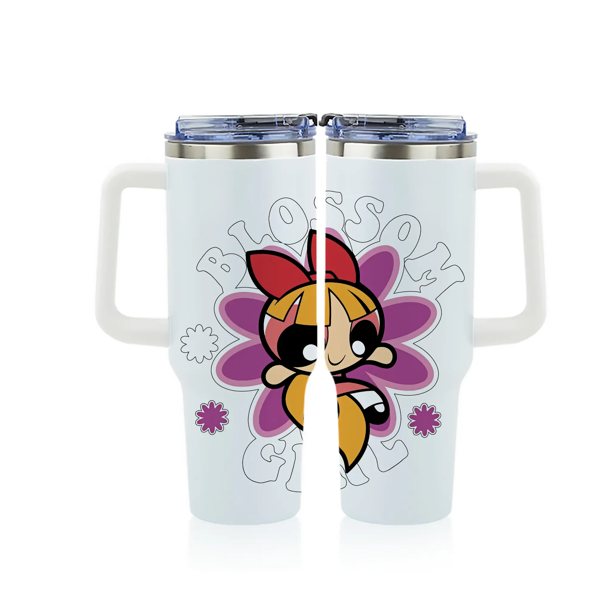 パワパフガールズ グッズ ブロッサム - 1200mL フルプリント車用タンブラー ・ 304ステンレス 内側 ・ 201ステンレス 外側 ・ 保温 保冷 ・ 通勤 ドライブ アウトドア用