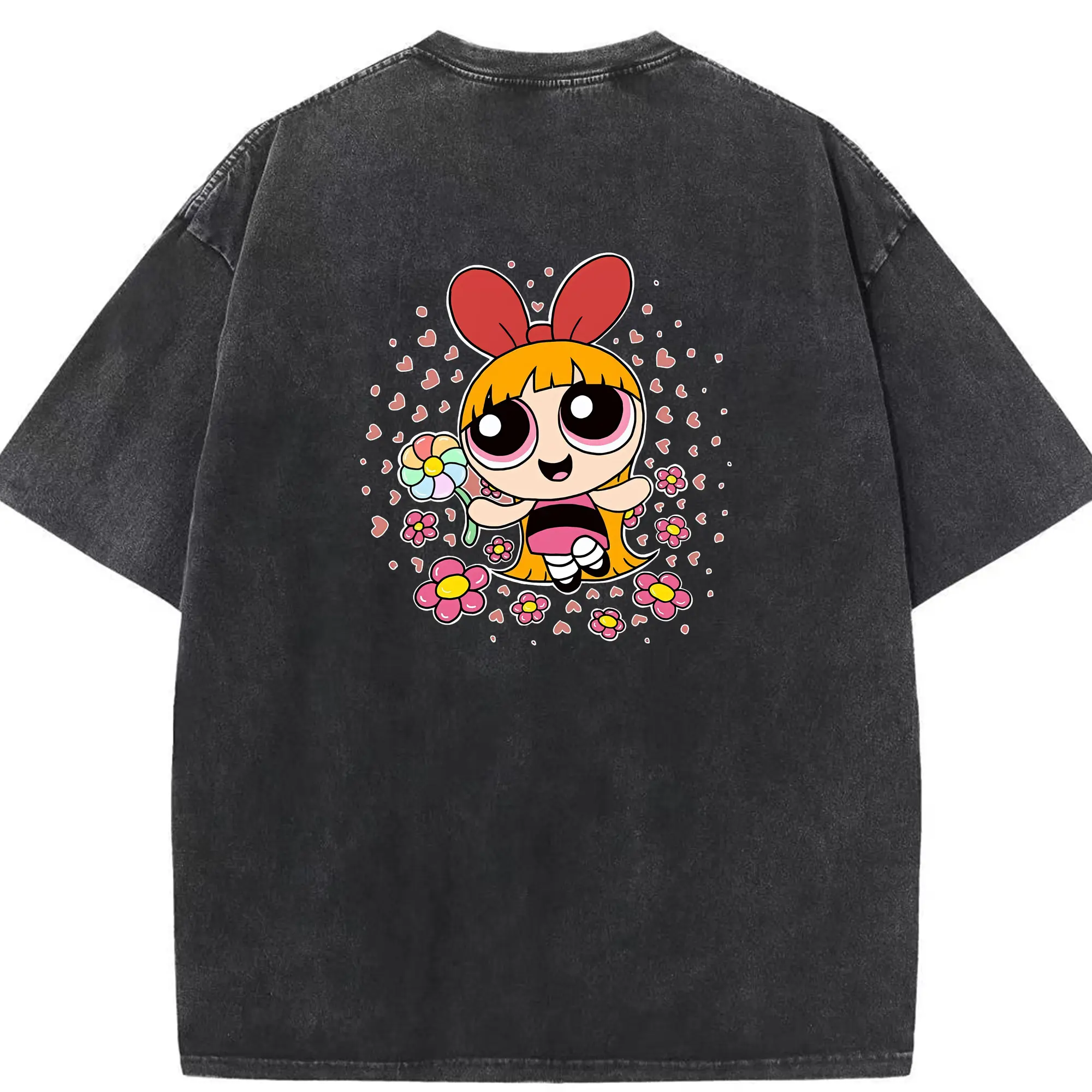 パワパフガールズ グッズ ブロッサム - 綿100％ ヴィンテージ風 半袖Tシャツ ・ 背面プリント ・ 柔らか肌触り ・ 通気性 快適 ・ スポーツ カジュアル 外出用